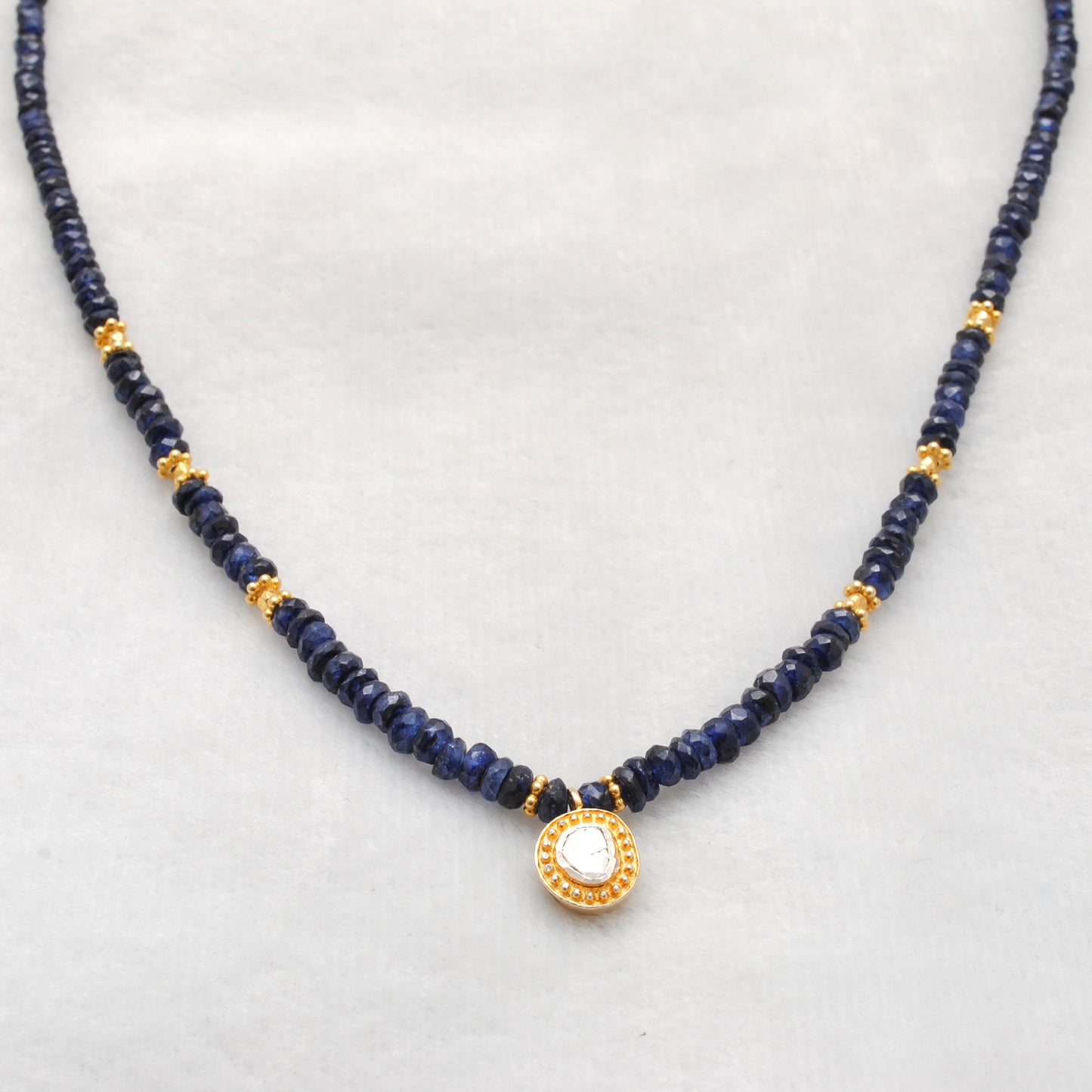 Elegant Blue Sapphire Necklace with Rose-Cut Diamond – Sterling Silver