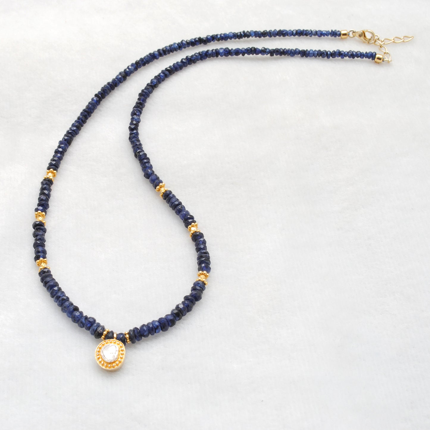 Elegant Blue Sapphire Necklace with Rose-Cut Diamond – Sterling Silver
