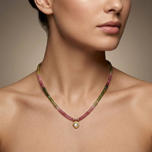 Multi Tourmaline & Rose Cut Diamond Necklace in 925 Silver