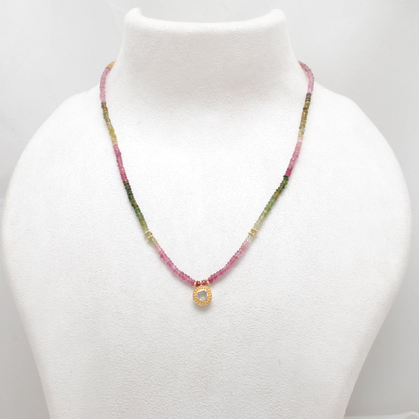 Multi tourmaline beaded necklace with rose cut diamond accent in 925 sterling silver, colorful gemstone design
