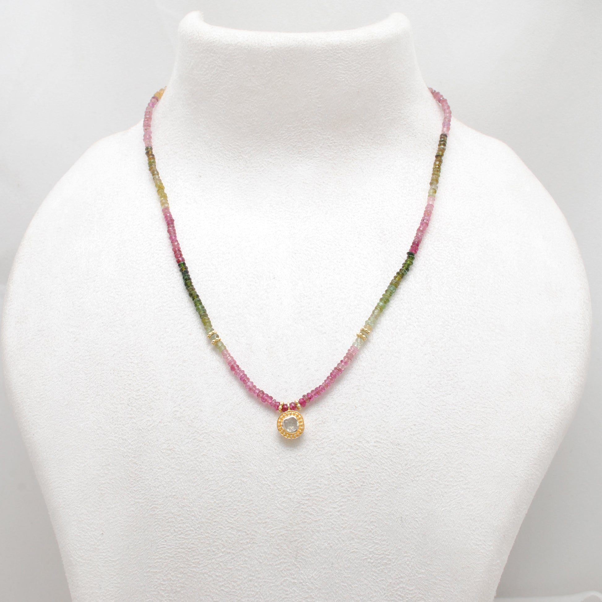 Multi tourmaline beaded necklace with rose cut diamond accent in 925 sterling silver, colorful gemstone design