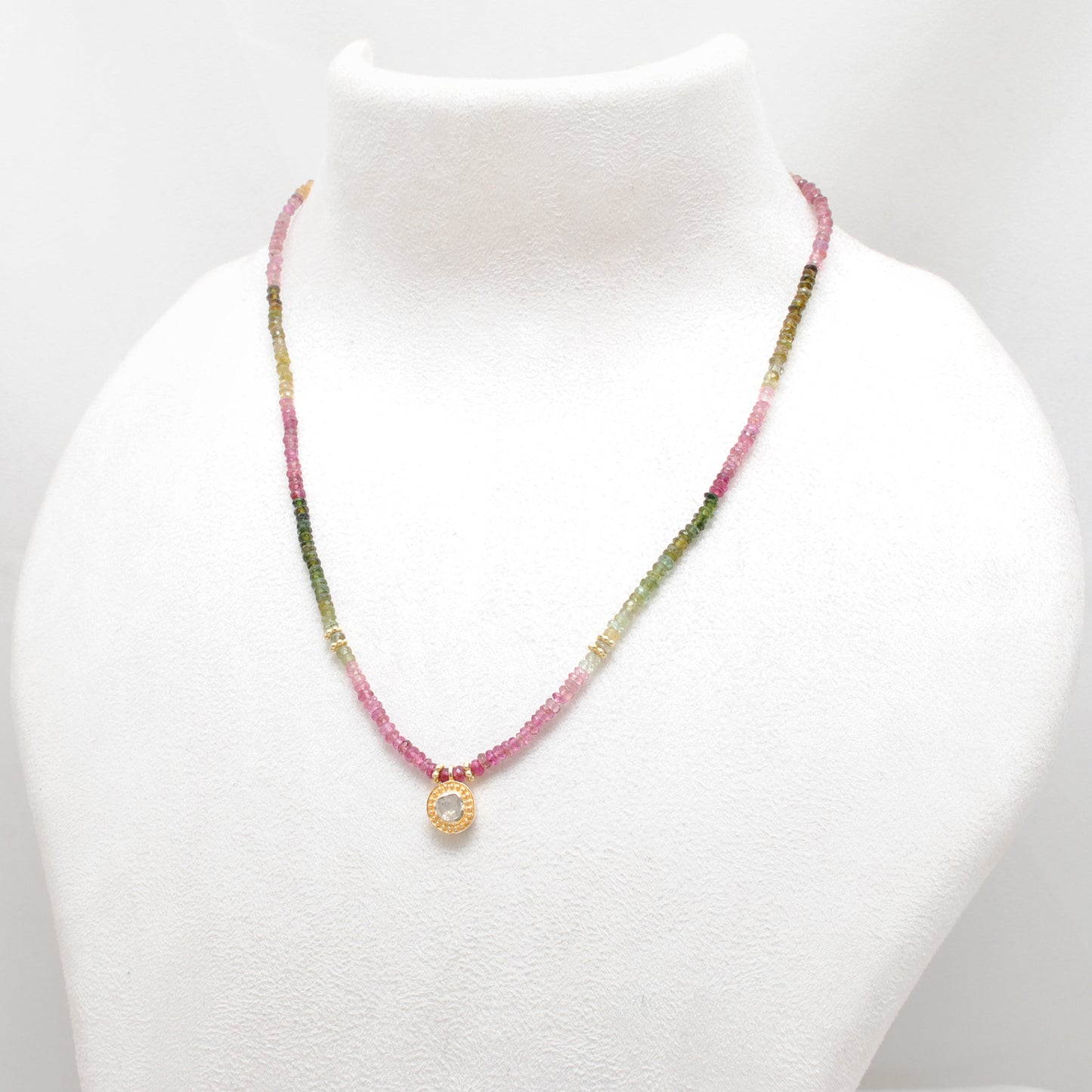 Multi tourmaline beaded necklace with rose cut diamond accent in 925 sterling silver, colorful gemstone design