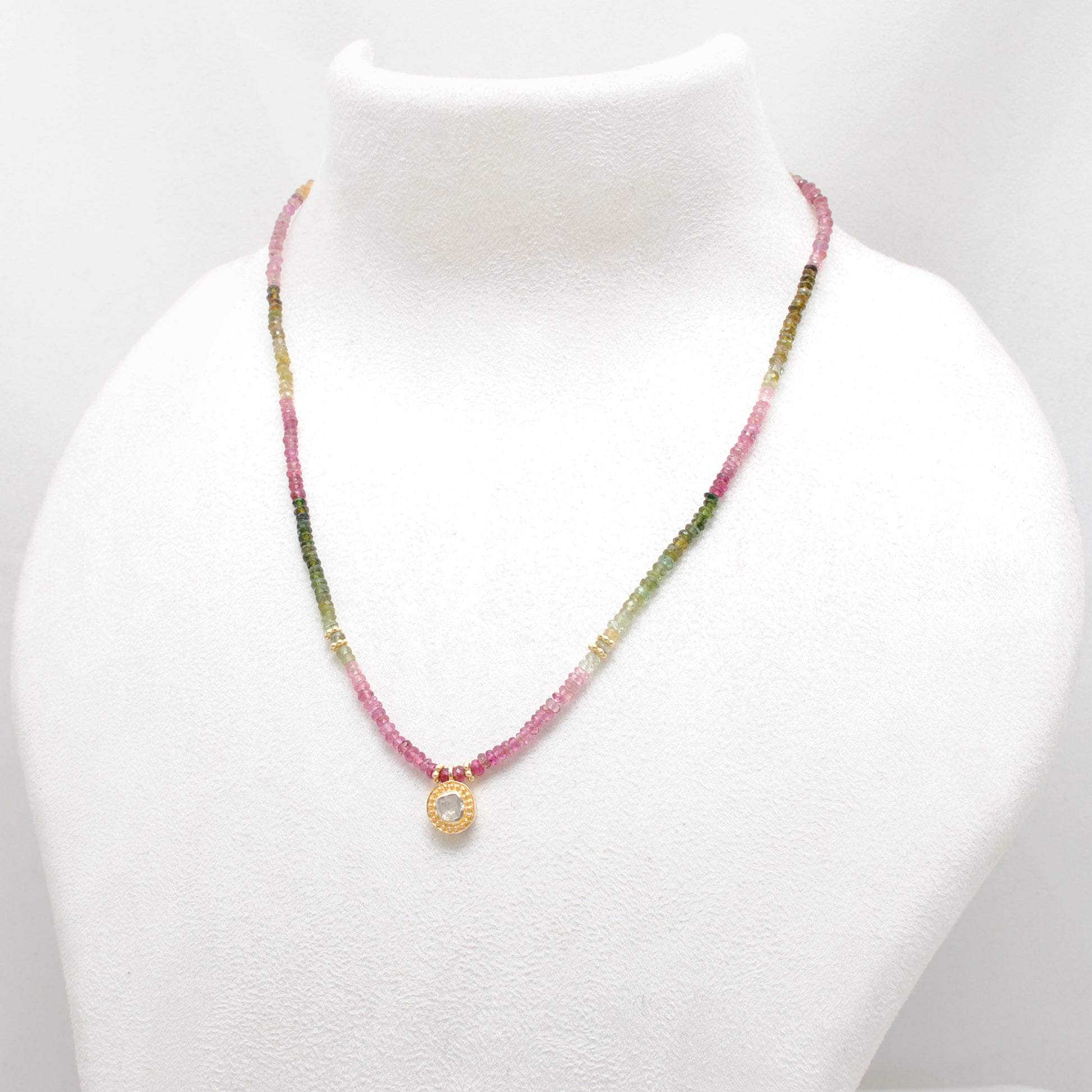 Multi tourmaline beaded necklace with rose cut diamond accent in 925 sterling silver, colorful gemstone design