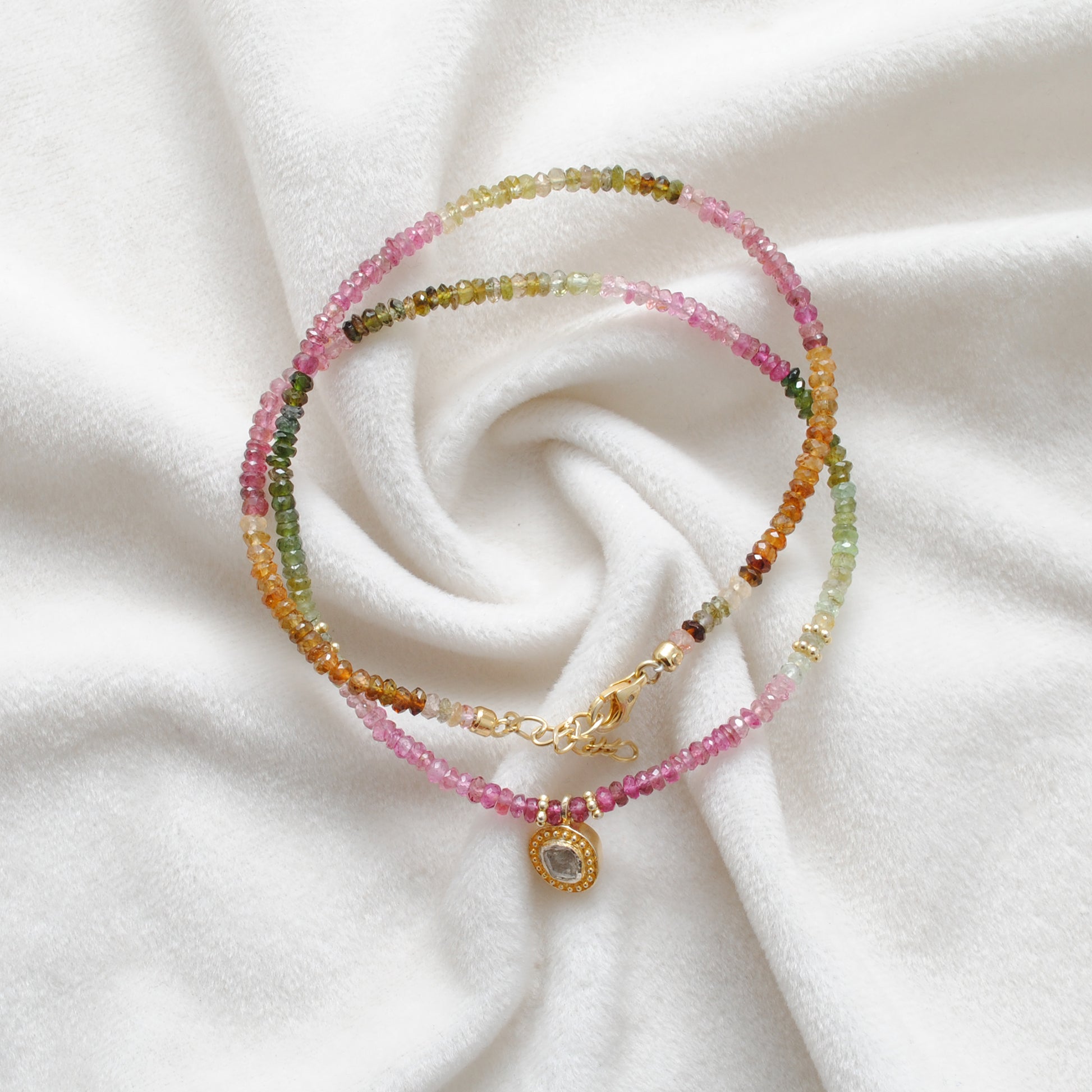 Multi tourmaline beaded necklace with rose cut diamond accent in 925 sterling silver, colorful gemstone design
