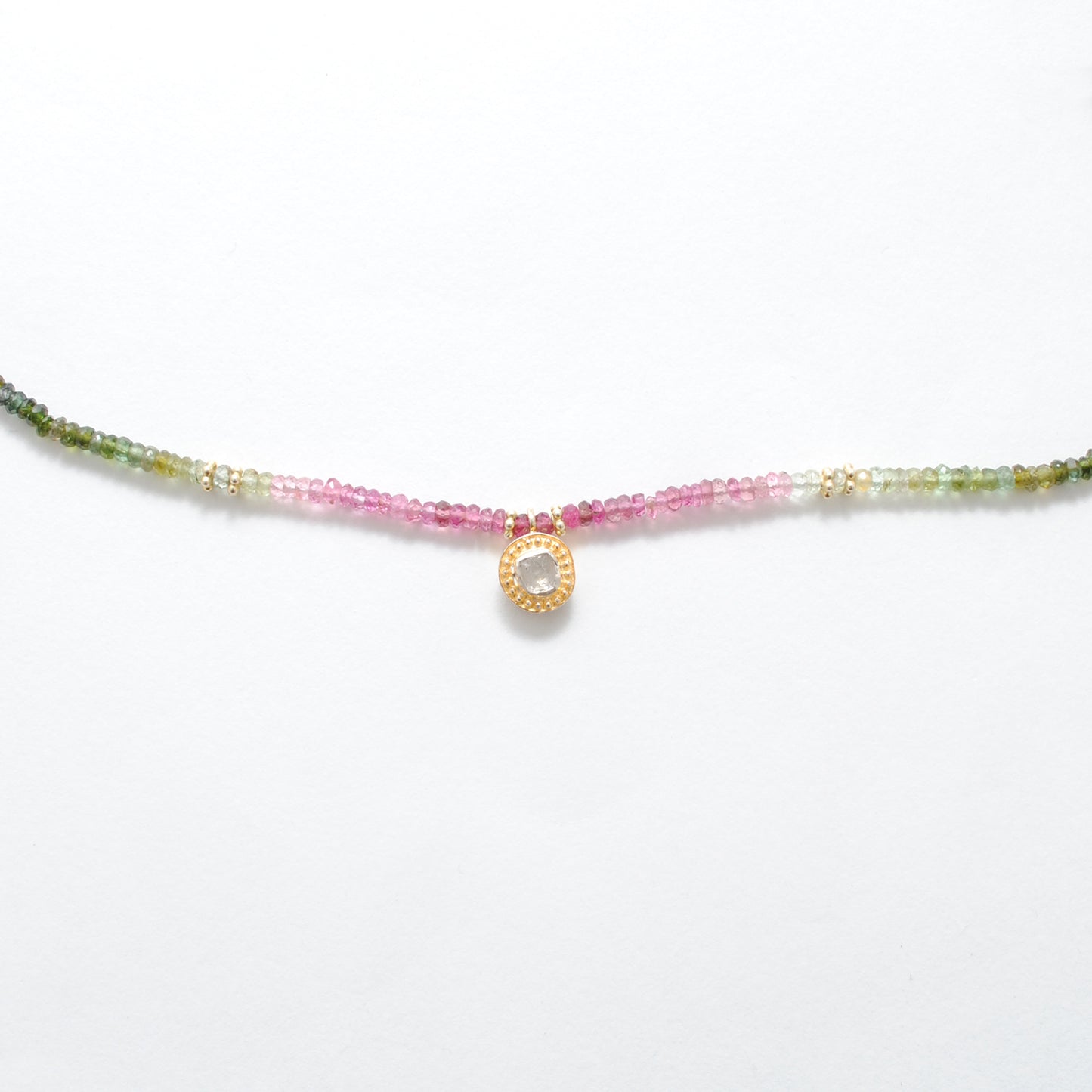 Multi tourmaline beaded necklace with rose cut diamond accent in 925 sterling silver, colorful gemstone design