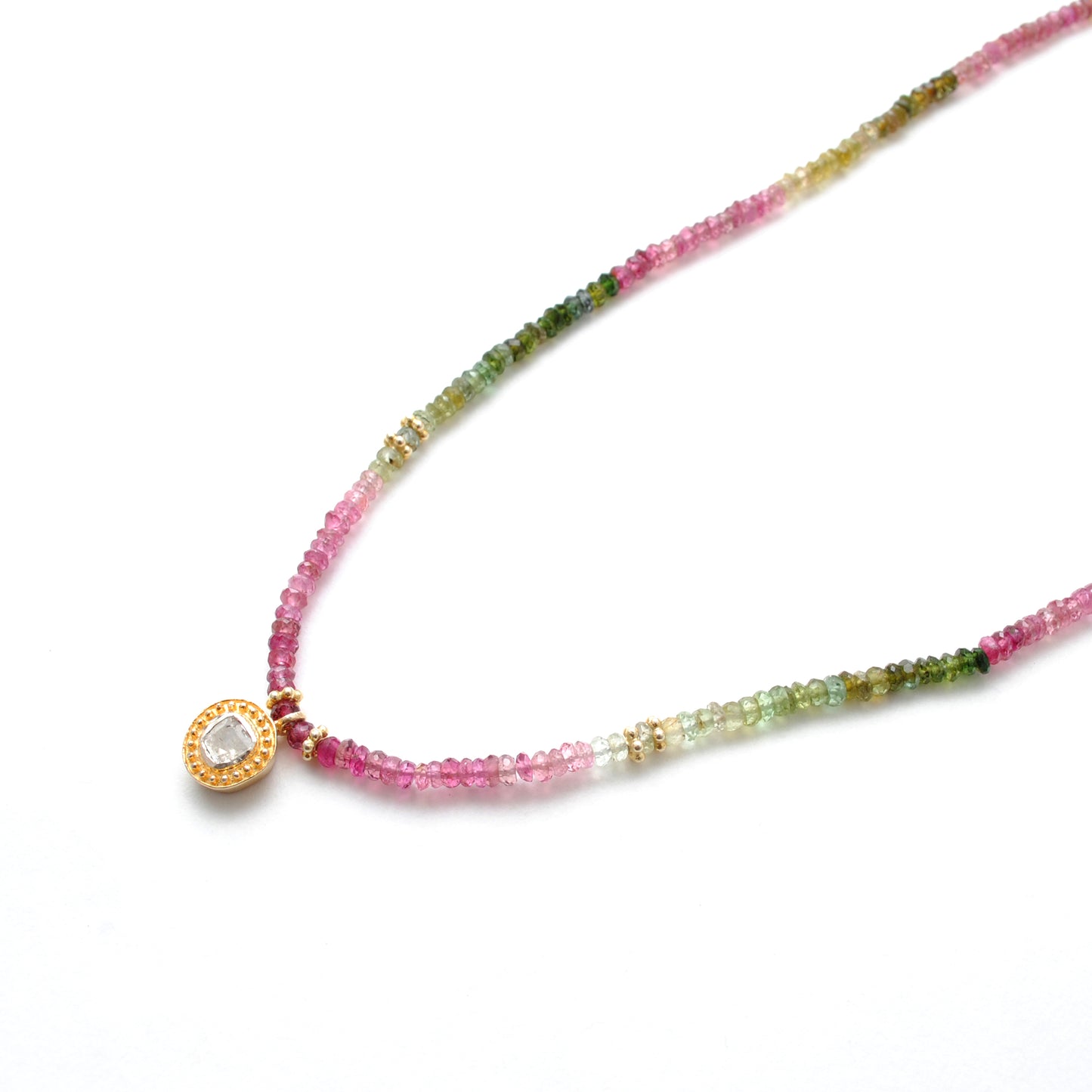 Multi tourmaline beaded necklace with rose cut diamond accent in 925 sterling silver, colorful gemstone design