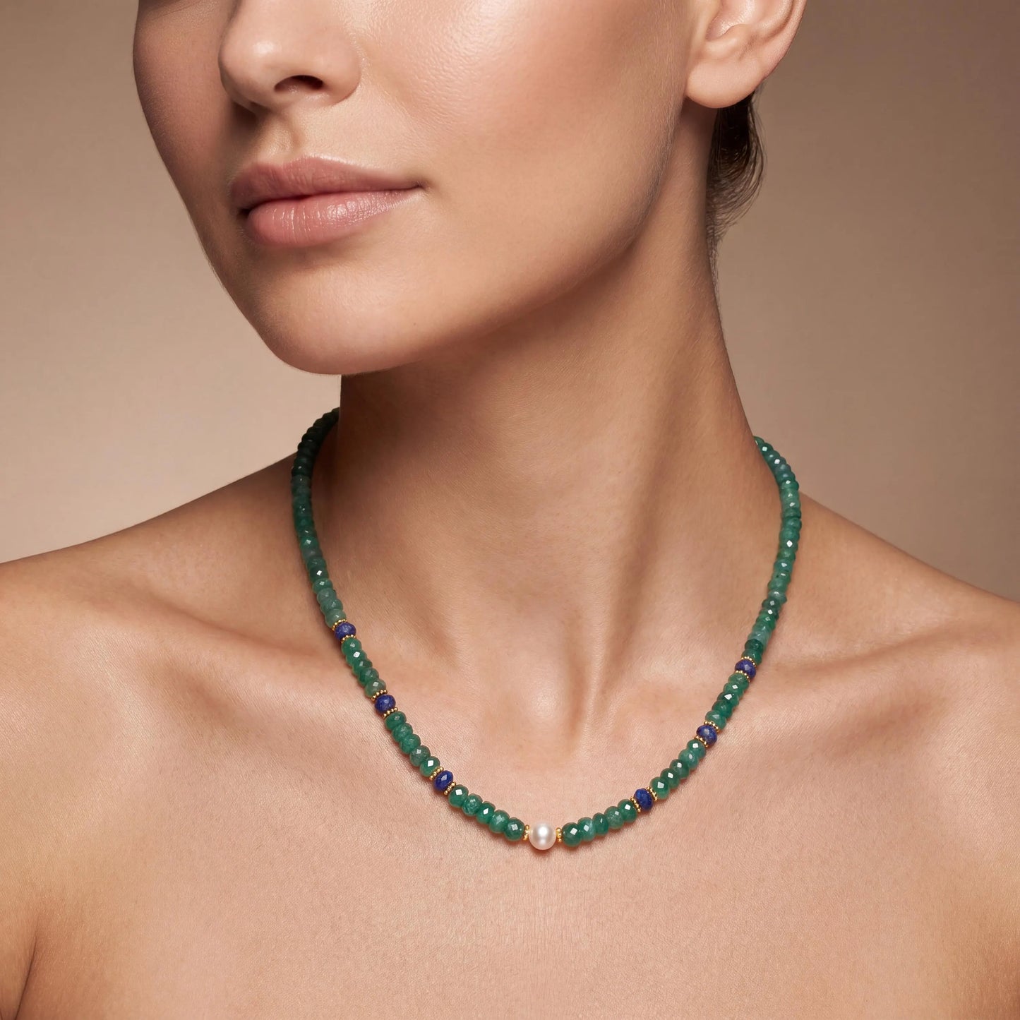 Emerald Sapphire Rondelle and Pearl Necklace - Sterling Silver Beaded Jewelry