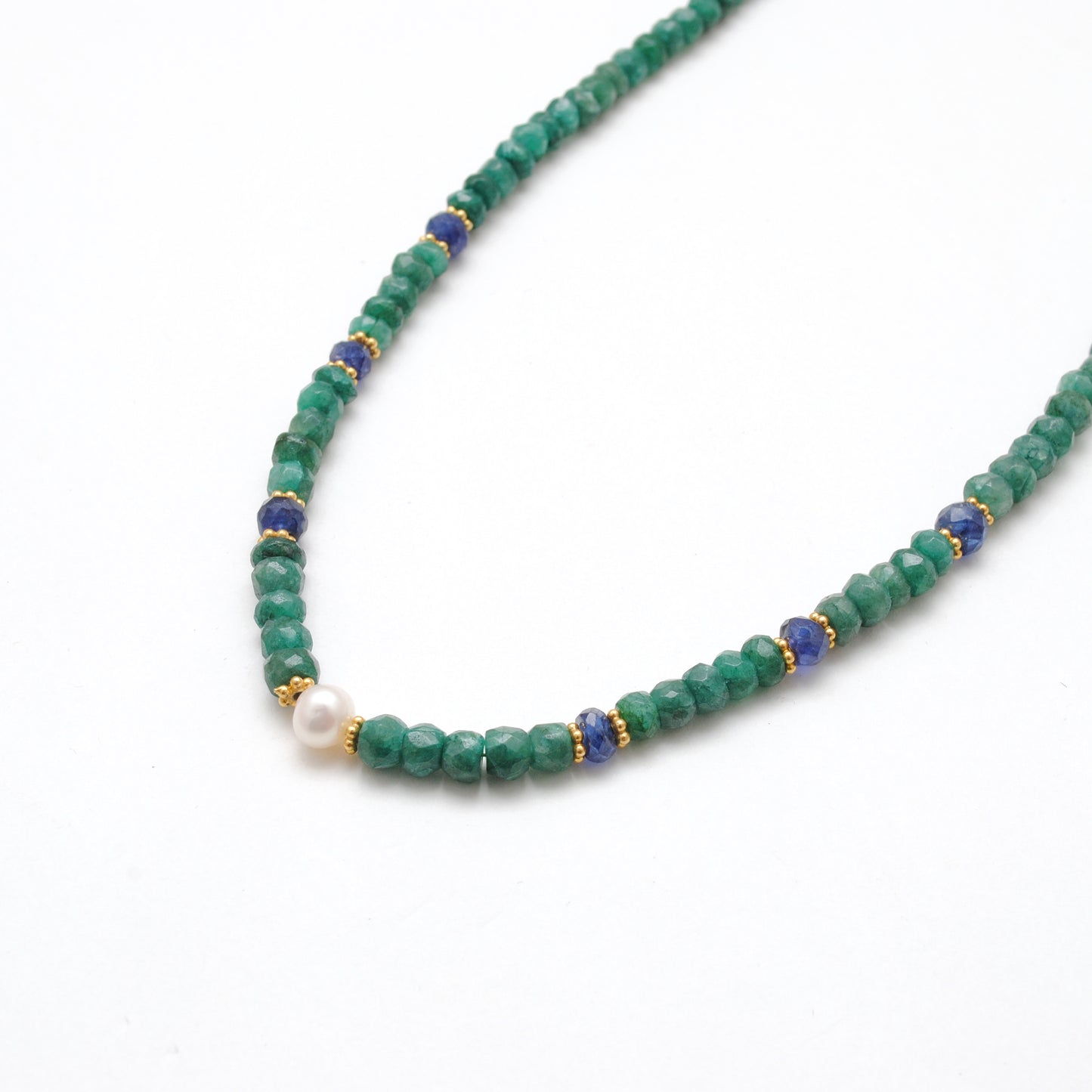 Emerald Sapphire Rondelle and Pearl Necklace - Sterling Silver Beaded Jewelry