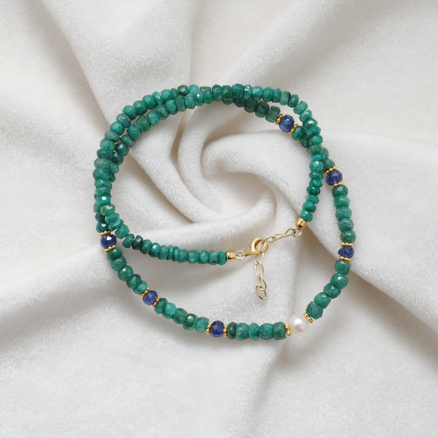 Emerald Sapphire Rondelle and Pearl Necklace - Sterling Silver Beaded Jewelry