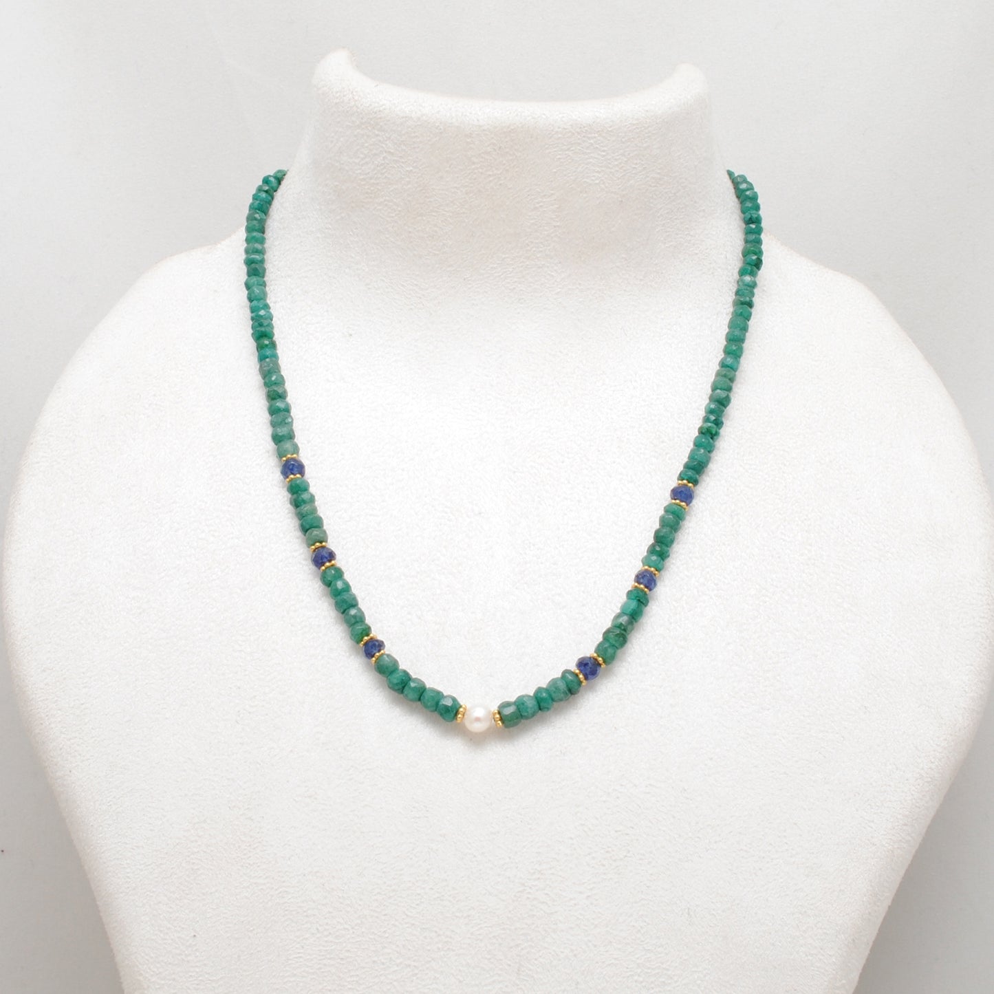 Emerald Sapphire Rondelle and Pearl Necklace - Sterling Silver Beaded Jewelry