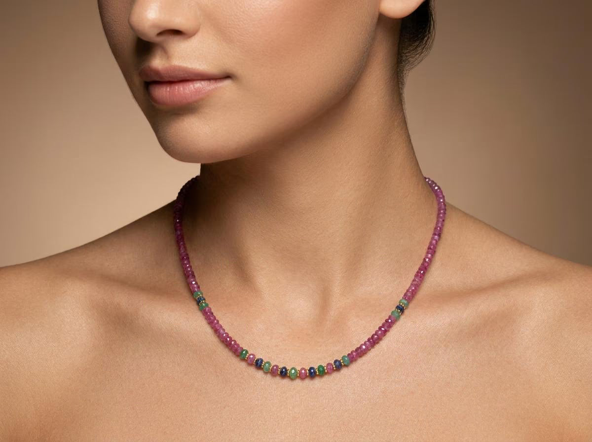 Ruby with emerald sapphire Beaded Gold Plated Necklace