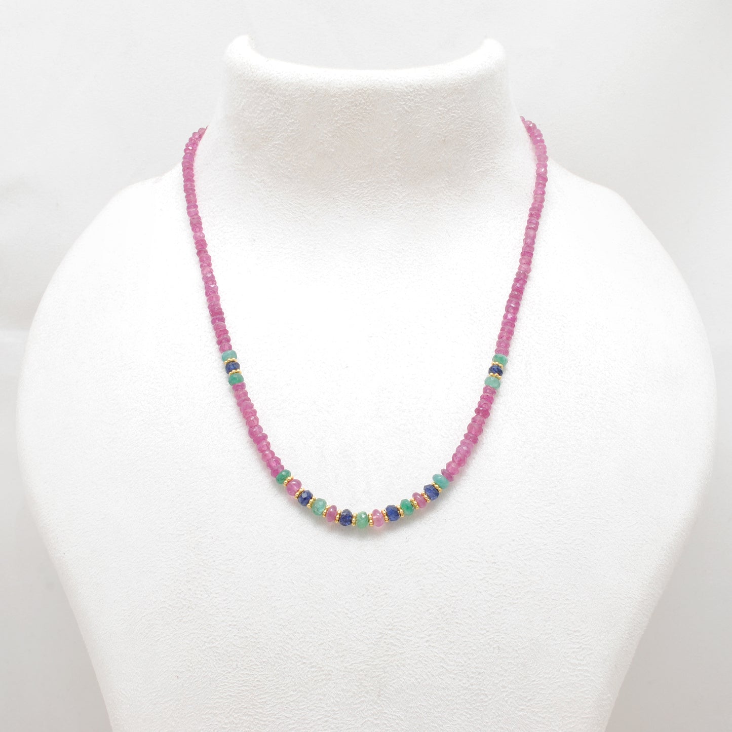 Ruby, emerald and sapphire beaded gold plated necklace with multicolor gemstones and elegant design