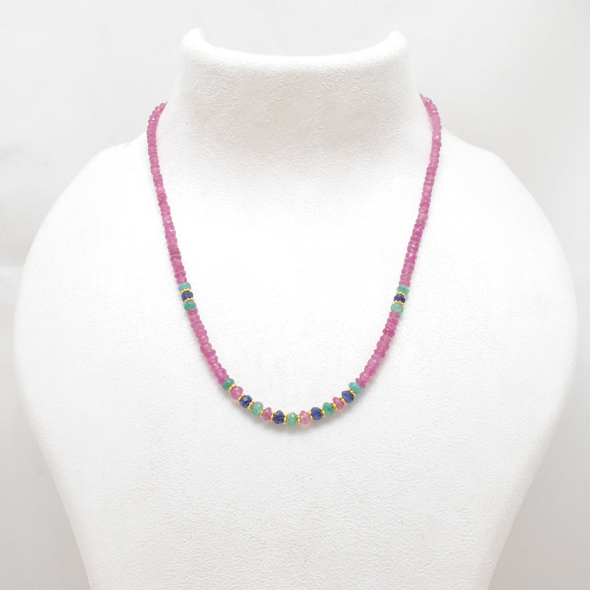 Ruby, emerald and sapphire beaded gold plated necklace with multicolor gemstones and elegant design