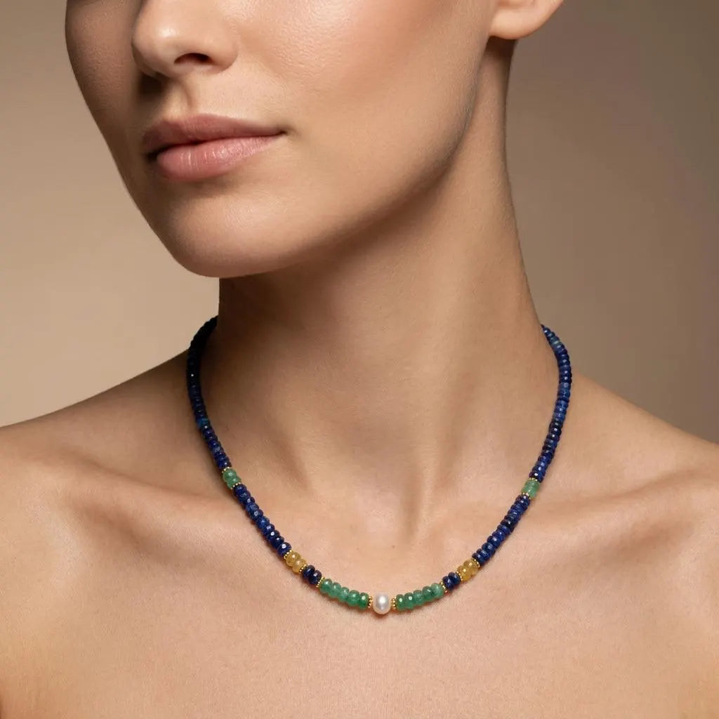 Multi Sapphire & Freshwater Pearl Necklace in 925 Silver