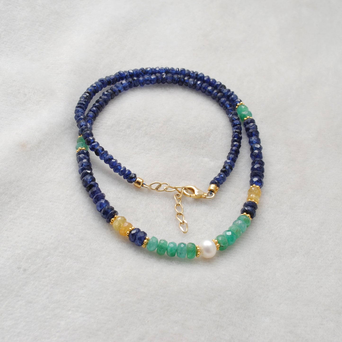 "Multi sapphire beaded necklace with freshwater pearl accents and 925 sterling silver clasp, handcrafted gemstone jewelry for women."