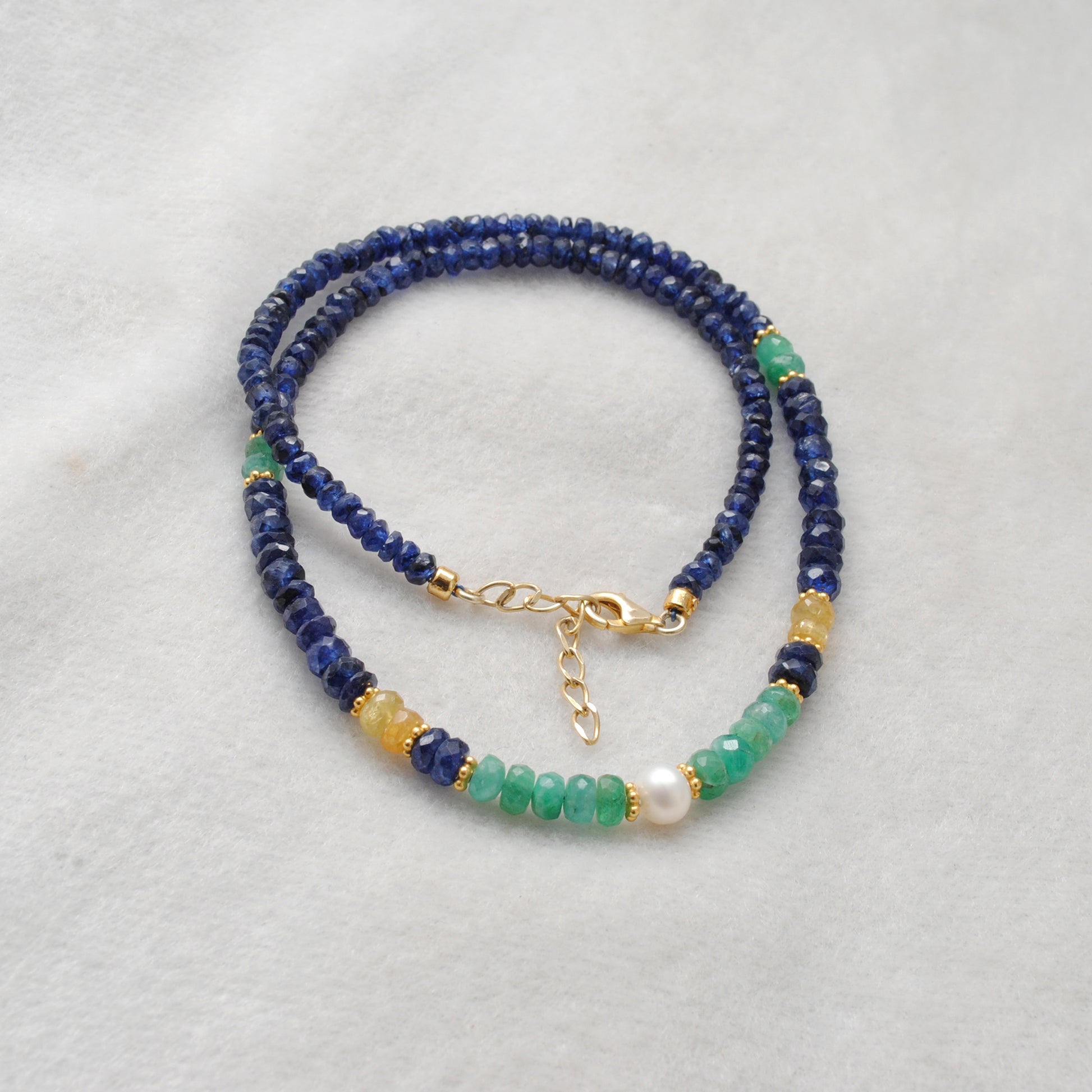 "Multi sapphire beaded necklace with freshwater pearl accents and 925 sterling silver clasp, handcrafted gemstone jewelry for women."