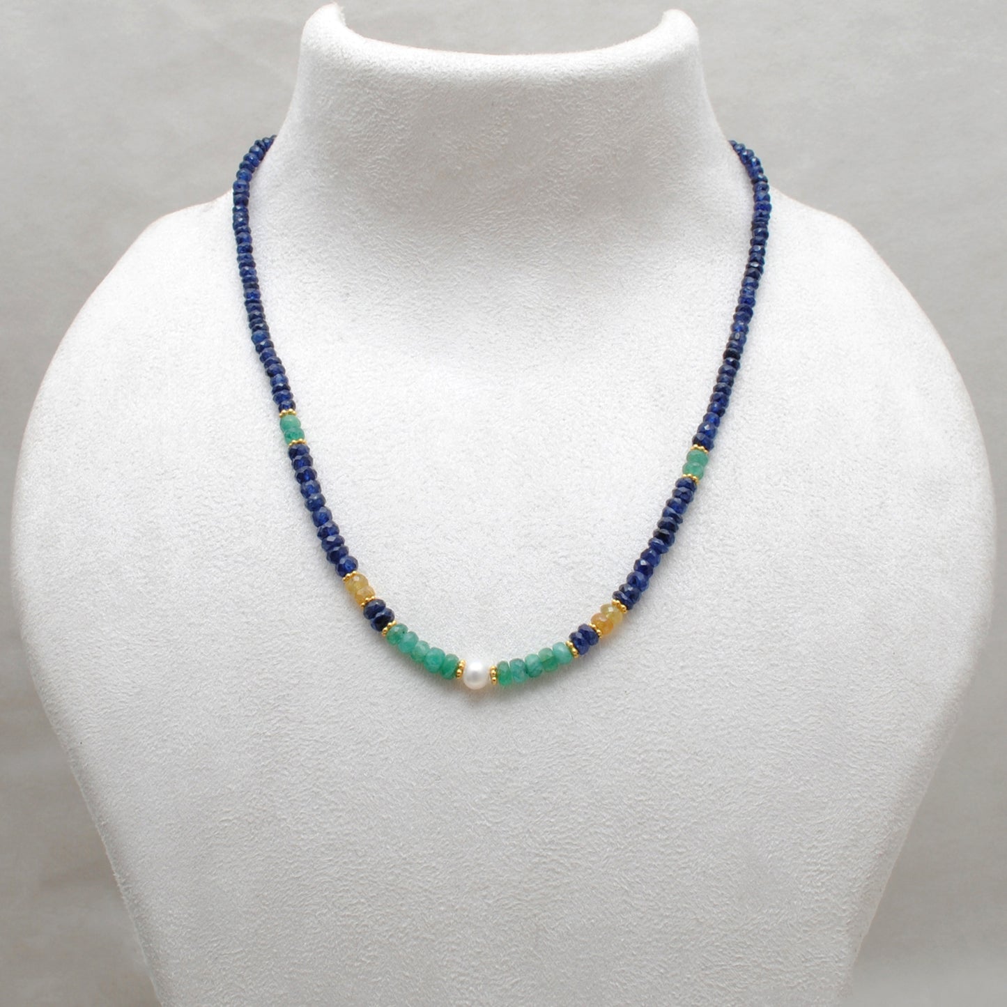 "Multi sapphire beaded necklace with freshwater pearl accents and 925 sterling silver clasp, handcrafted gemstone jewelry for women."