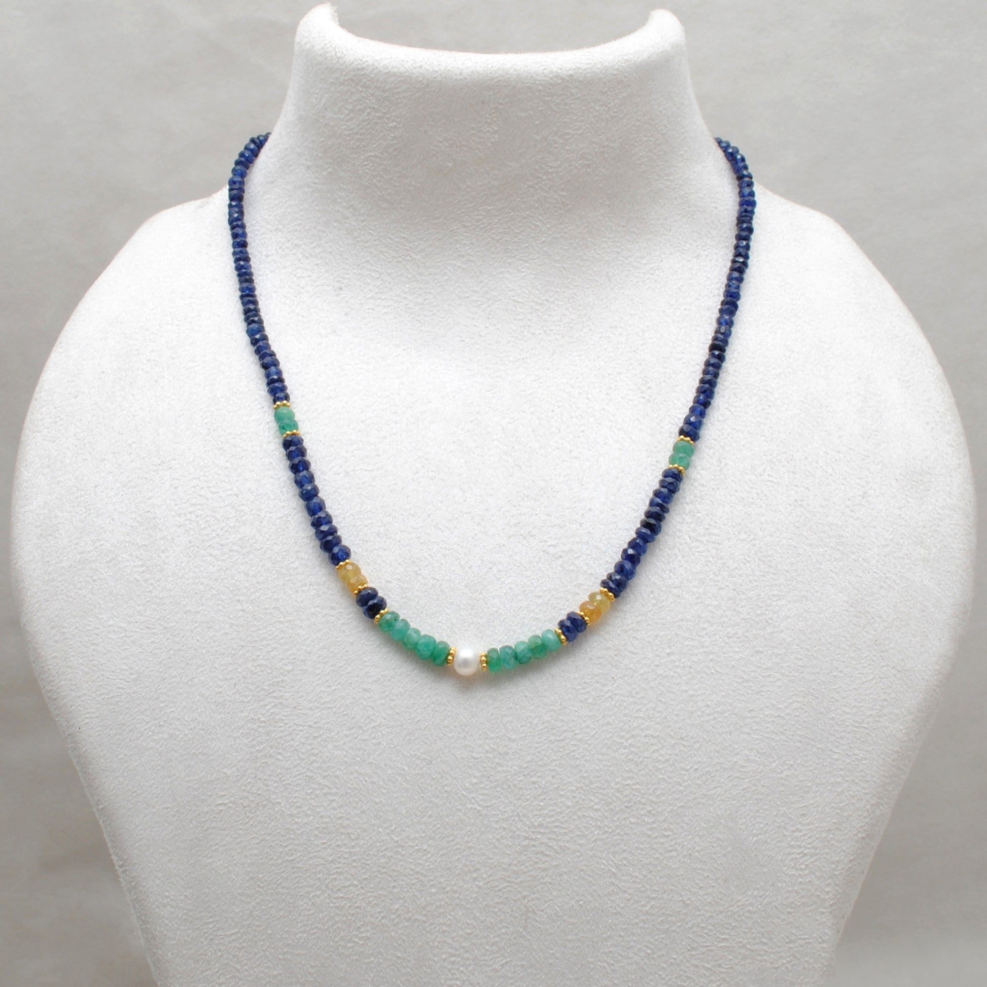 "Multi sapphire beaded necklace with freshwater pearl accents and 925 sterling silver clasp, handcrafted gemstone jewelry for women."