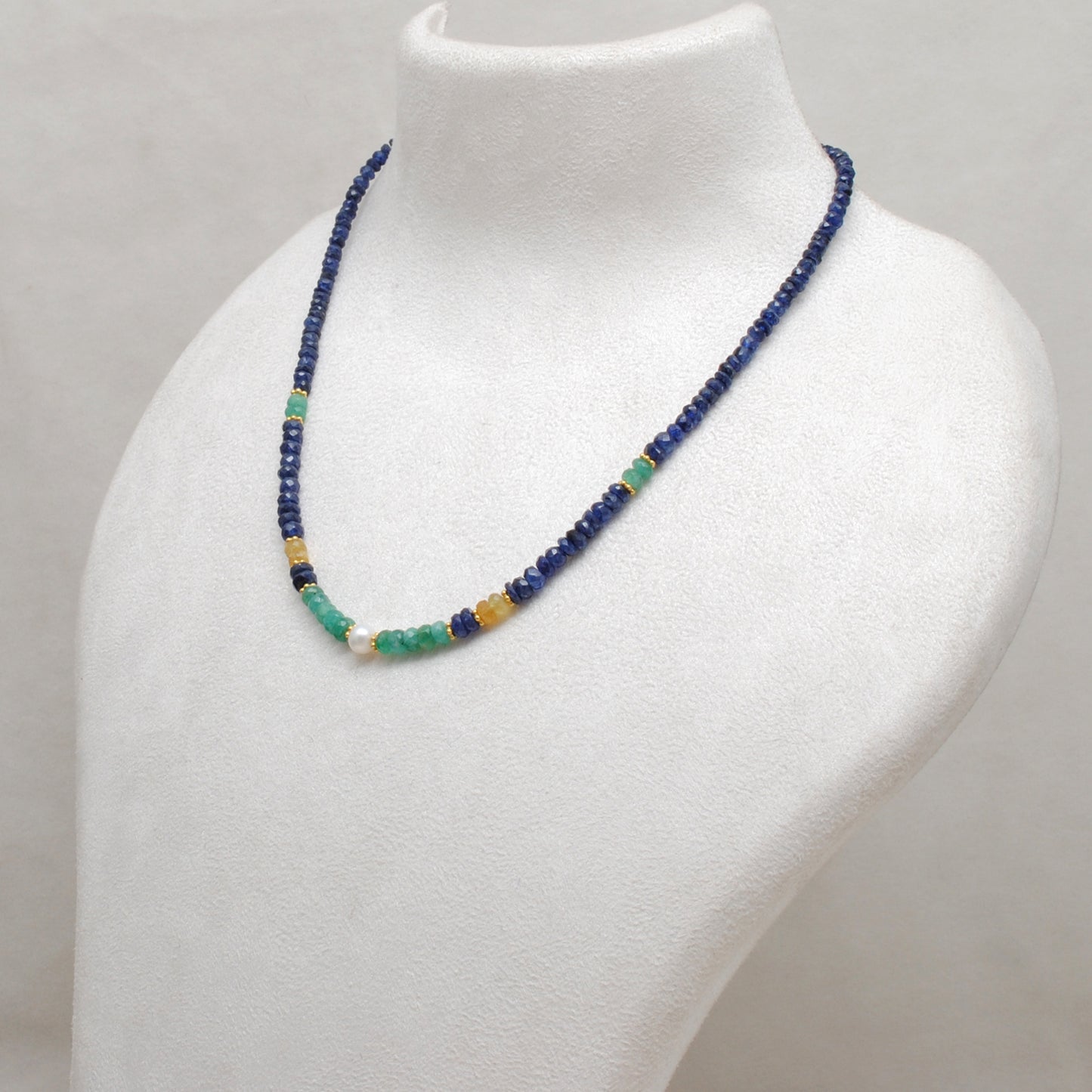 "Multi sapphire beaded necklace with freshwater pearl accents and 925 sterling silver clasp, handcrafted gemstone jewelry for women."