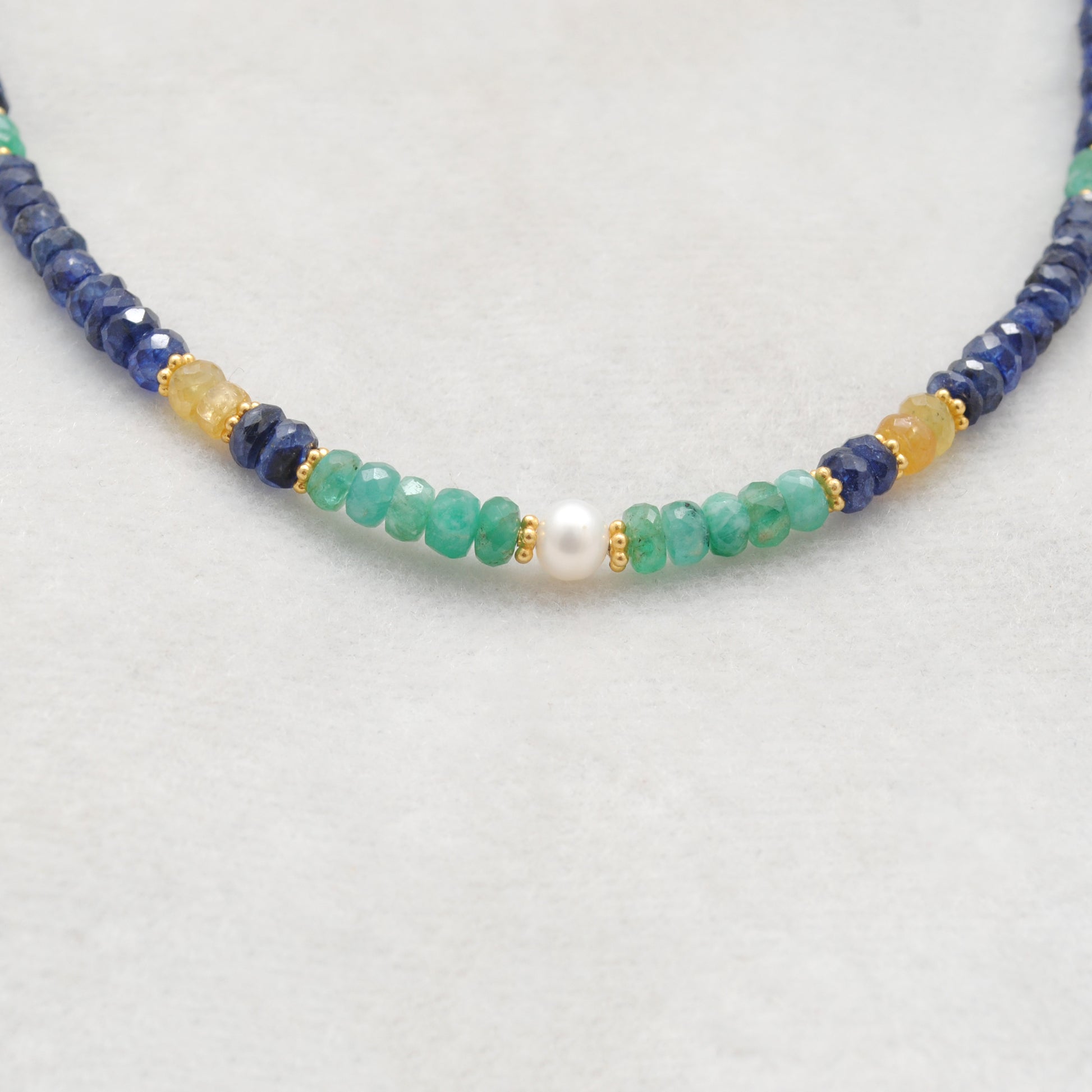 "Multi sapphire beaded necklace with freshwater pearl accents and 925 sterling silver clasp, handcrafted gemstone jewelry for women."