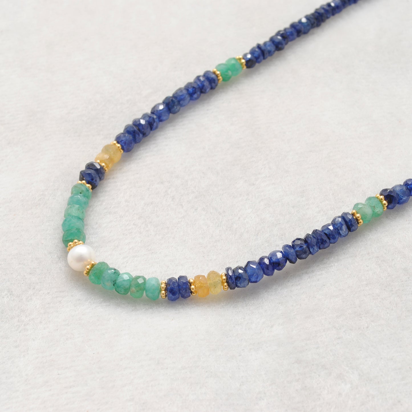 "Multi sapphire beaded necklace with freshwater pearl accents and 925 sterling silver clasp, handcrafted gemstone jewelry for women."