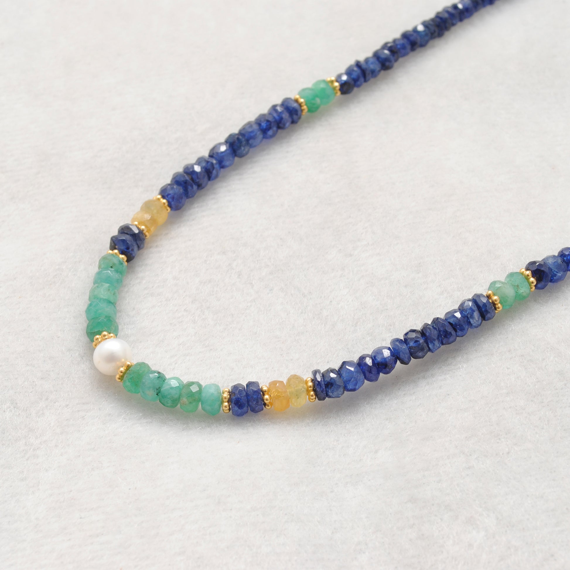 "Multi sapphire beaded necklace with freshwater pearl accents and 925 sterling silver clasp, handcrafted gemstone jewelry for women."