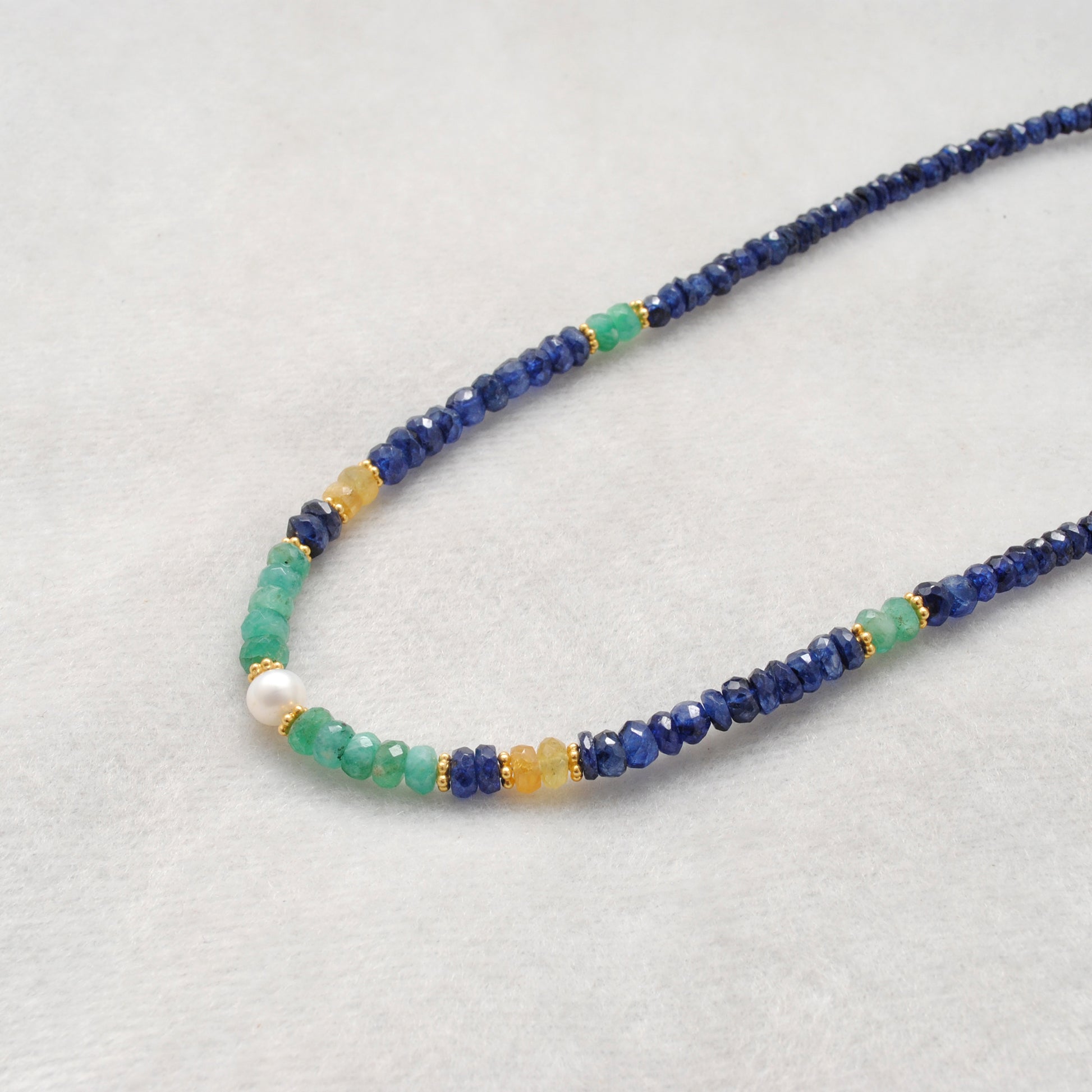 "Multi sapphire beaded necklace with freshwater pearl accents and 925 sterling silver clasp, handcrafted gemstone jewelry for women."