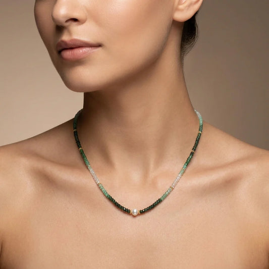 Emerald & Pearl Beaded Necklace in Gold-Plated Sterling Silver