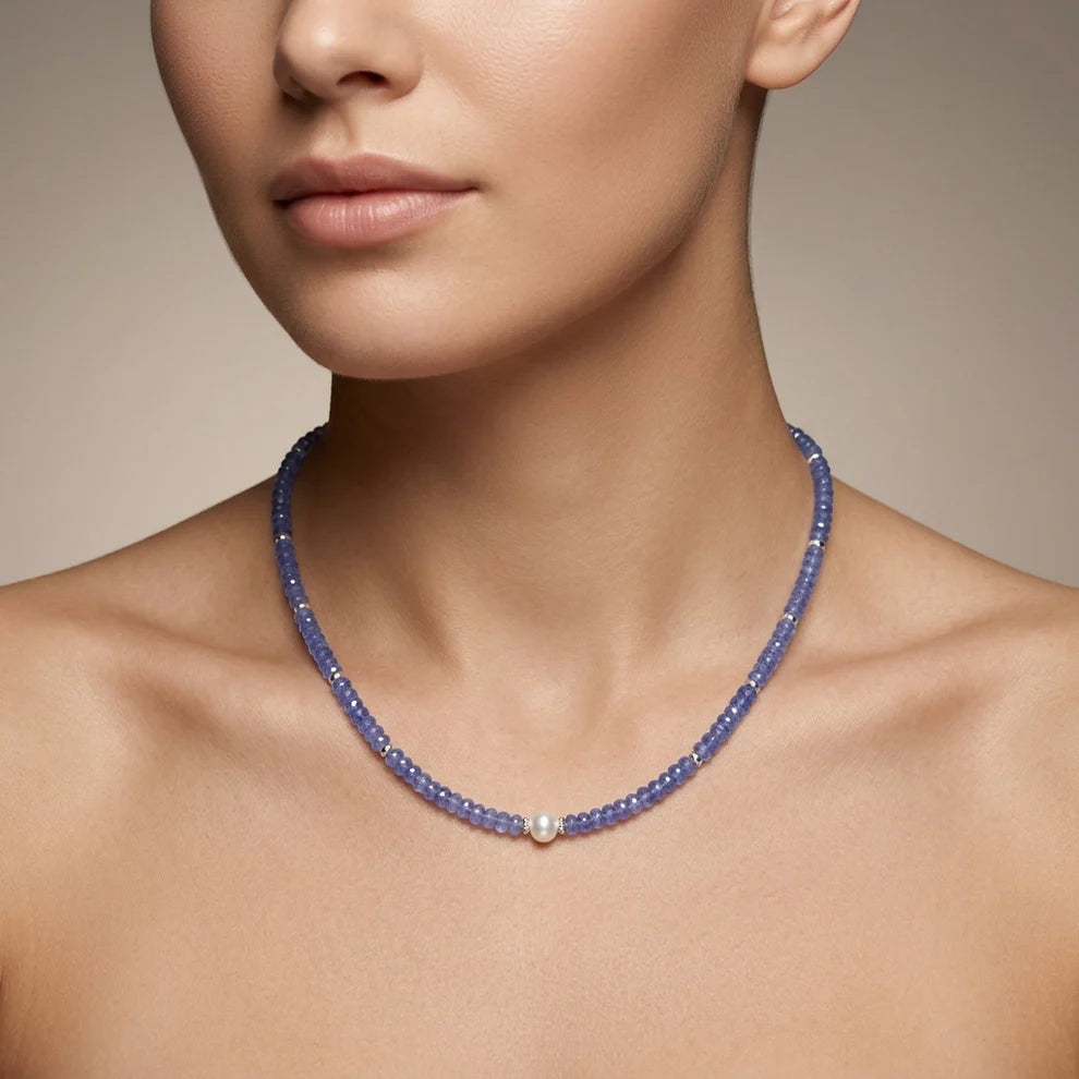 Tanzanite Beaded Necklace, Freshwater Pearl, 925 Sterling Silver