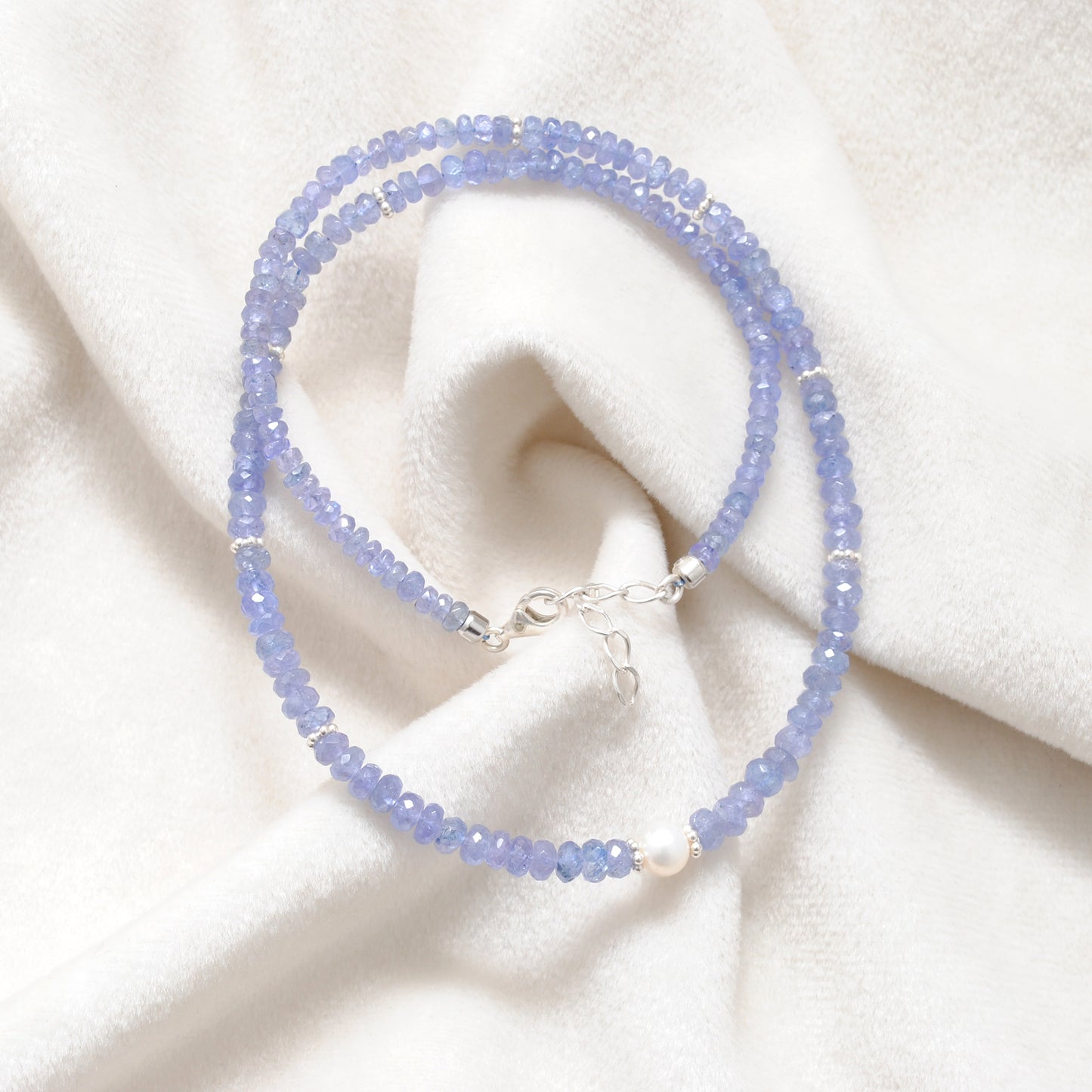 Tanzanite Beaded Necklace, Freshwater Pearl, 925 Sterling Silver