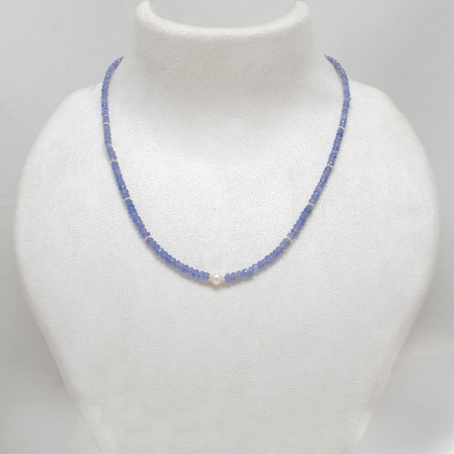Tanzanite Beaded Necklace, Freshwater Pearl, 925 Sterling Silver