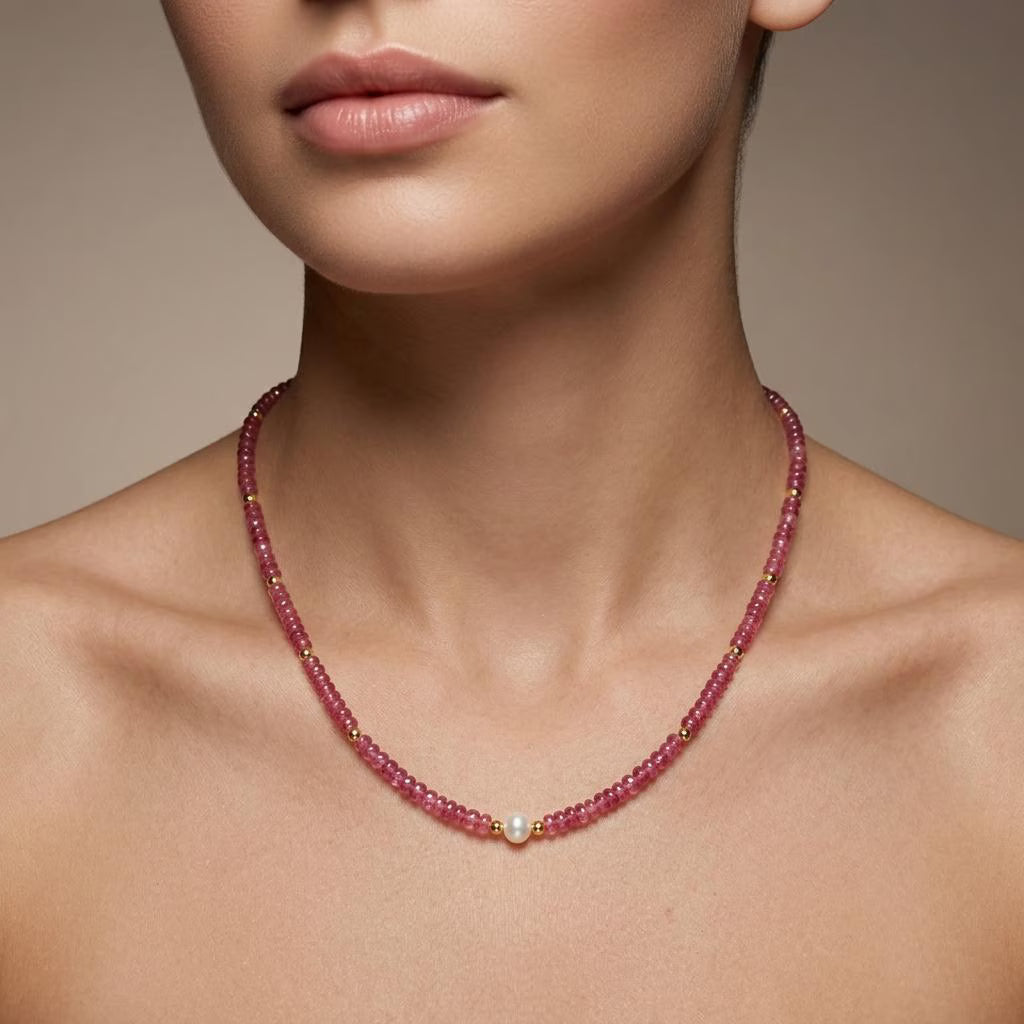 Ruby Beaded Necklace in Sterling Silver with Freshwater Pearl