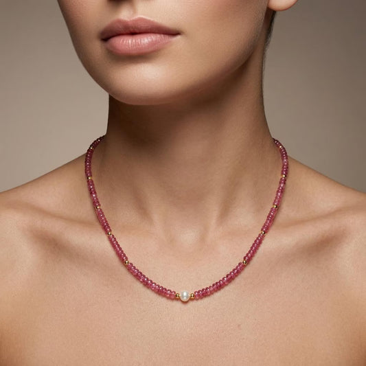 Ruby Beaded Necklace in Sterling Silver with Freshwater Pearl