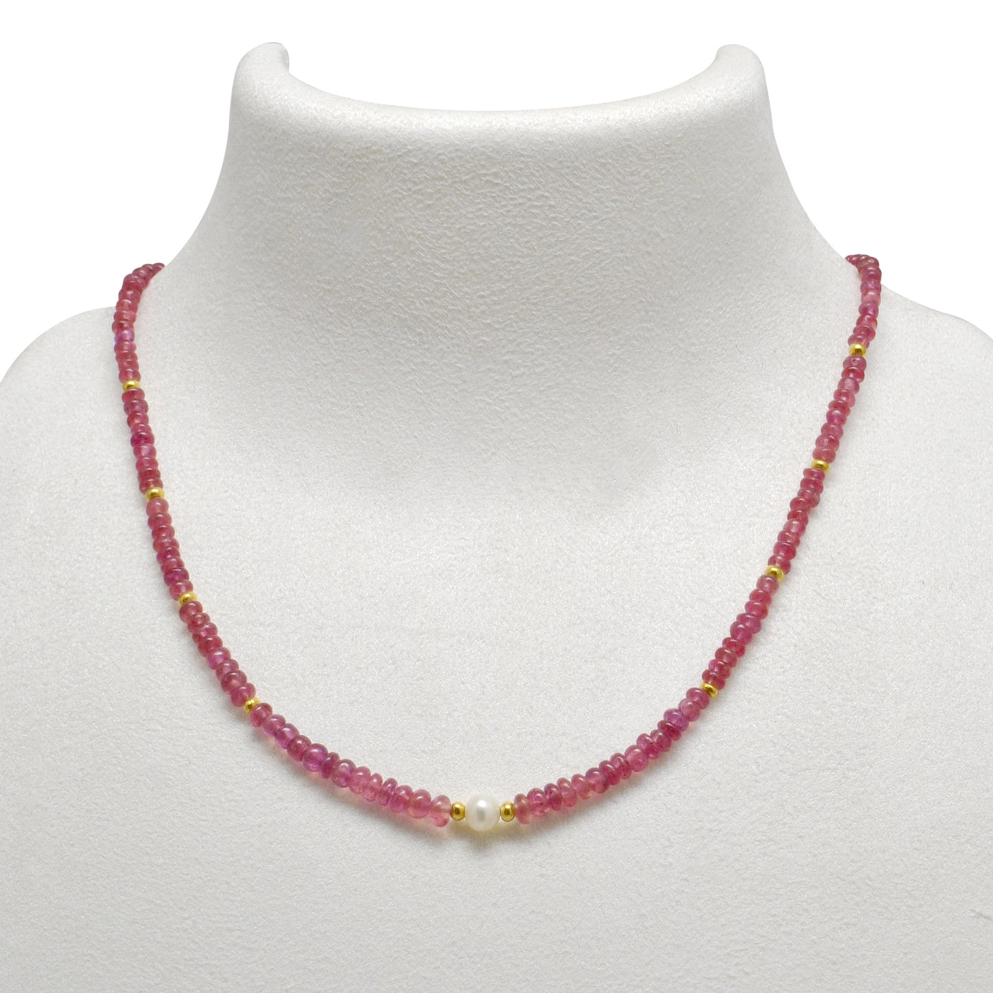 Ruby Beaded Necklace in Sterling Silver with Freshwater Pearl