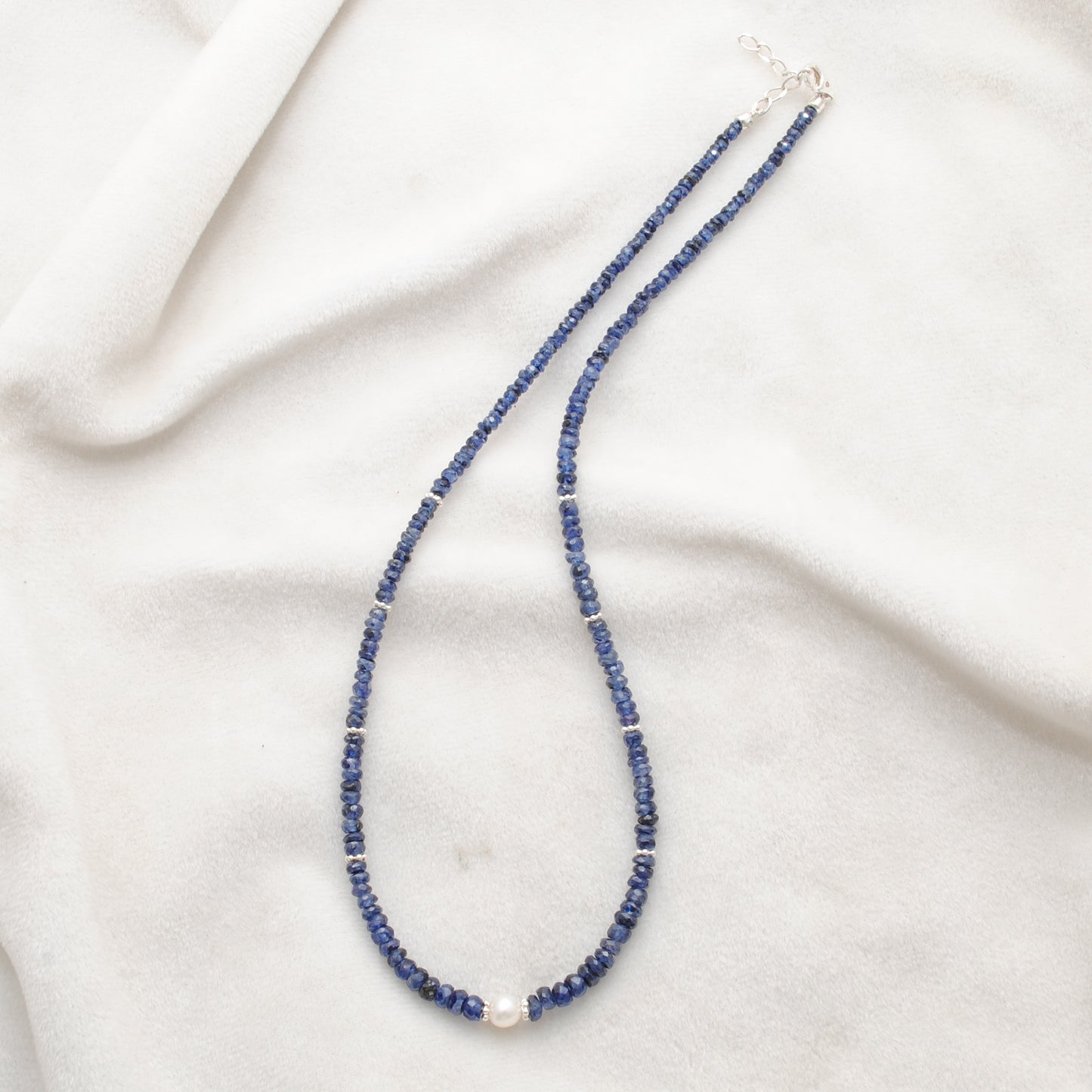 Blue Sapphire Faceted Rondelle Beaded Necklace with Freshwater Pearl & 925 Sterling Silver