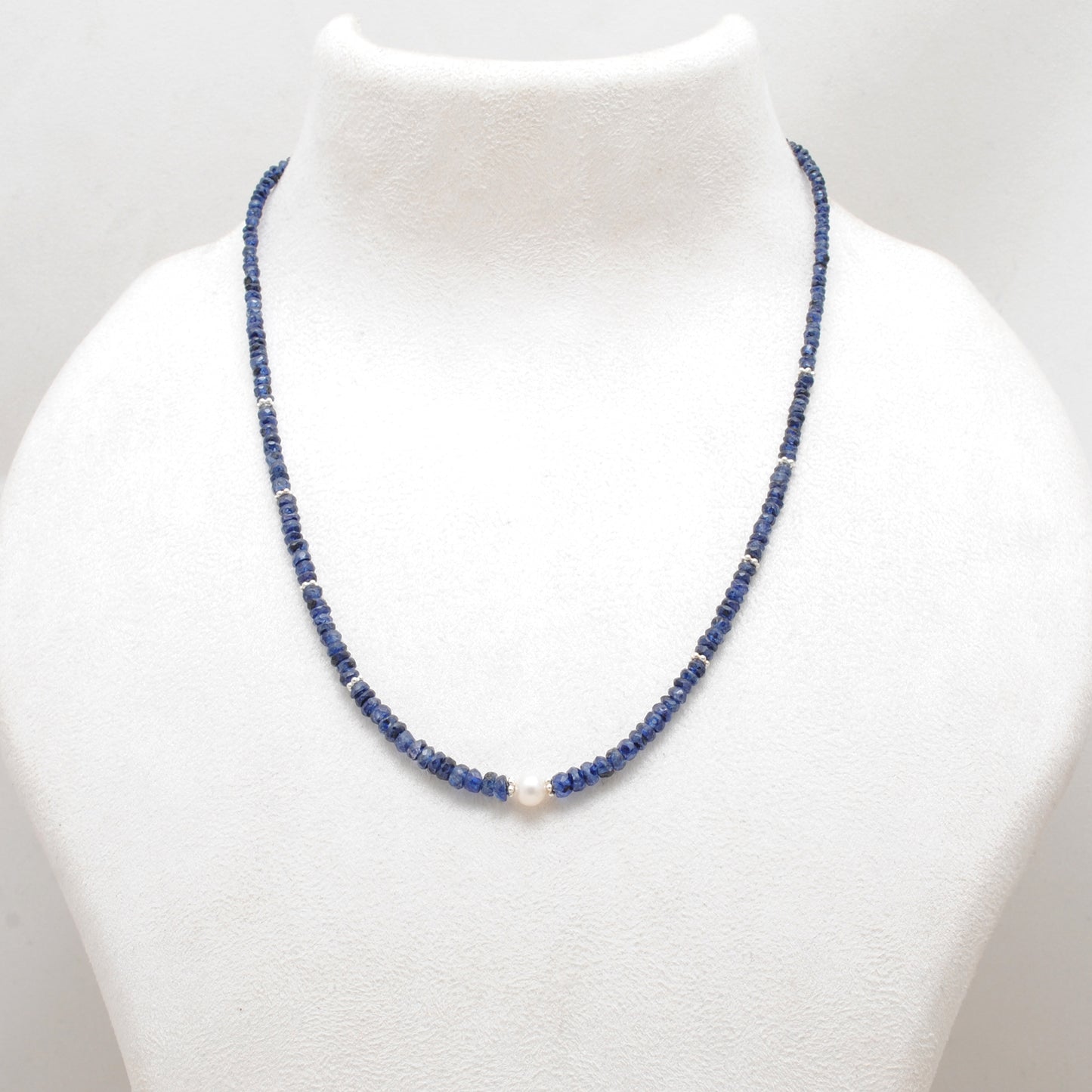 Blue Sapphire Faceted Rondelle Beaded Necklace with Freshwater Pearl & 925 Sterling Silver