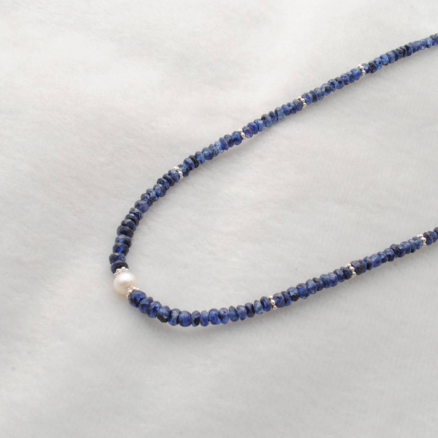 Blue Sapphire Faceted Rondelle Beaded Necklace with Freshwater Pearl & 925 Sterling Silver