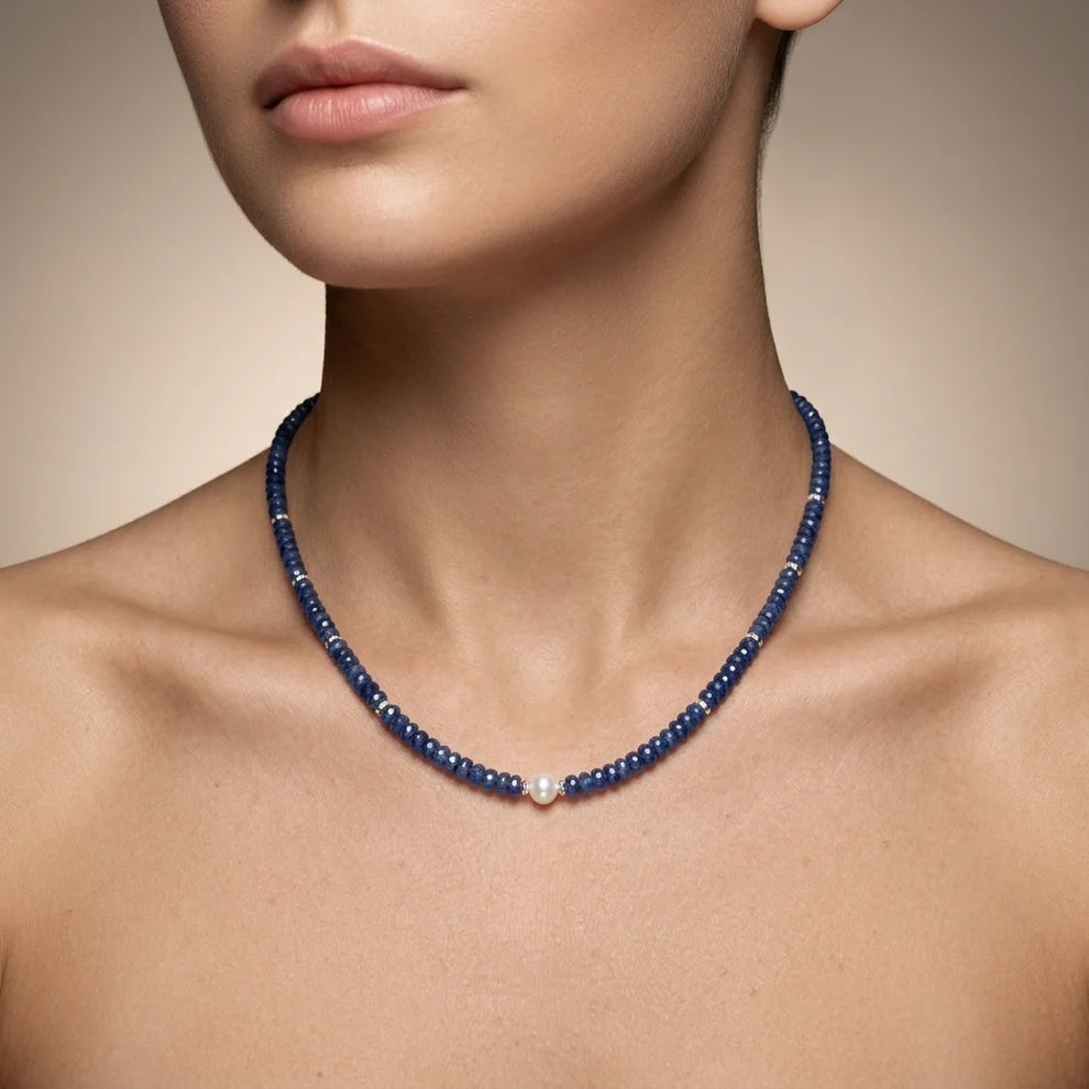 Blue Sapphire Faceted Rondelle Beaded Necklace with Freshwater Pearl & 925 Sterling Silver