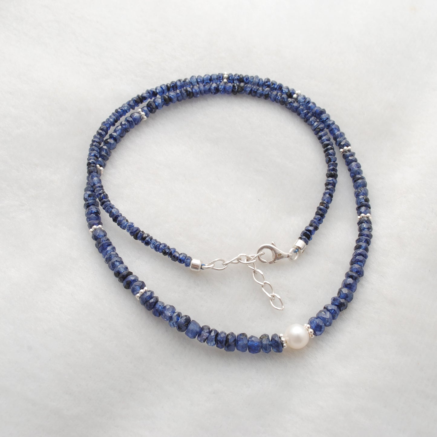 Blue Sapphire Faceted Rondelle Beaded Necklace with Freshwater Pearl & 925 Sterling Silver