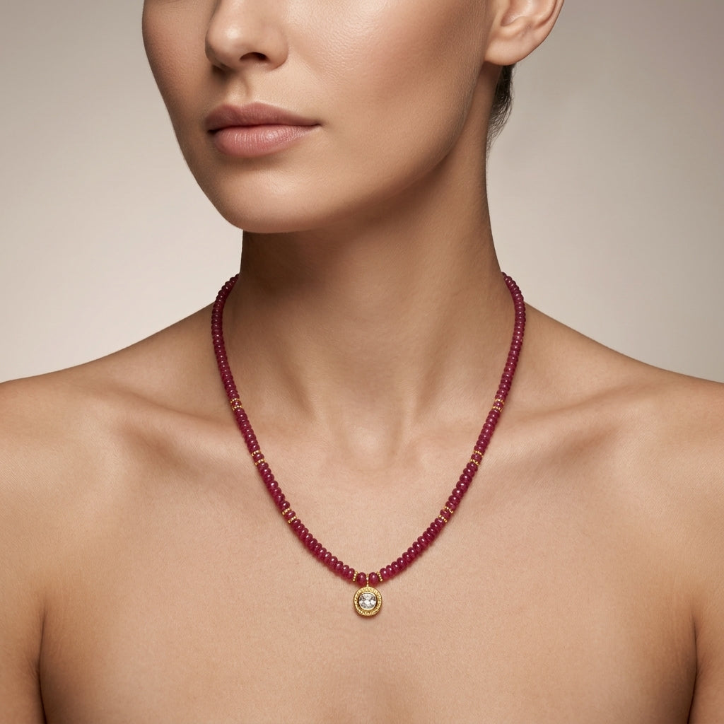 Natural Ruby Beaded Necklace, Rose Cut Diamond Charm, Sterling Silver