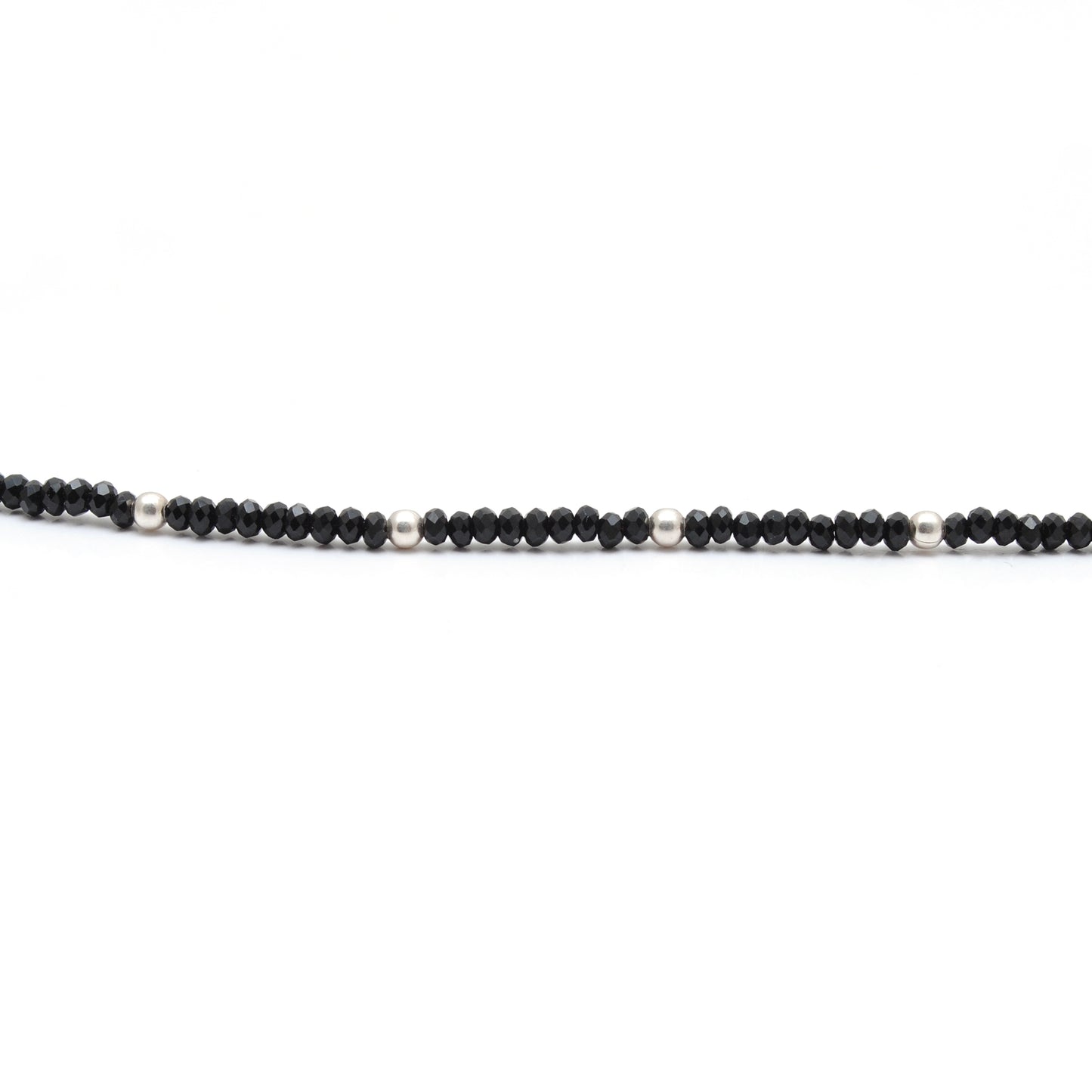 "Handmade black spinel beaded necklace with sterling silver clasp, faceted dark gemstone jewelry with subtle sparkle."