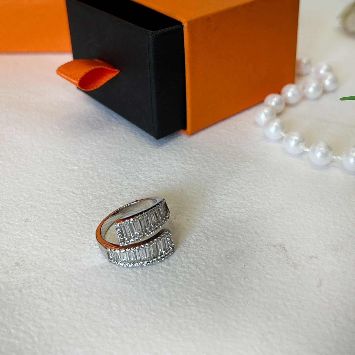 Adjustable Three Row Cz Crossover Silver Ring