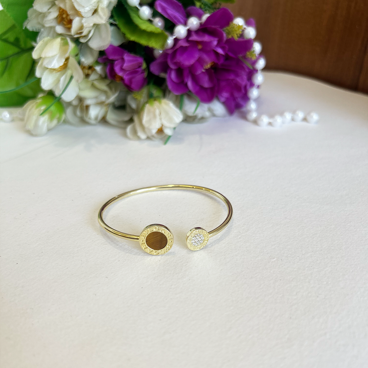 Asymmetric Engraved Circular Charm Gold Plated Bracelet