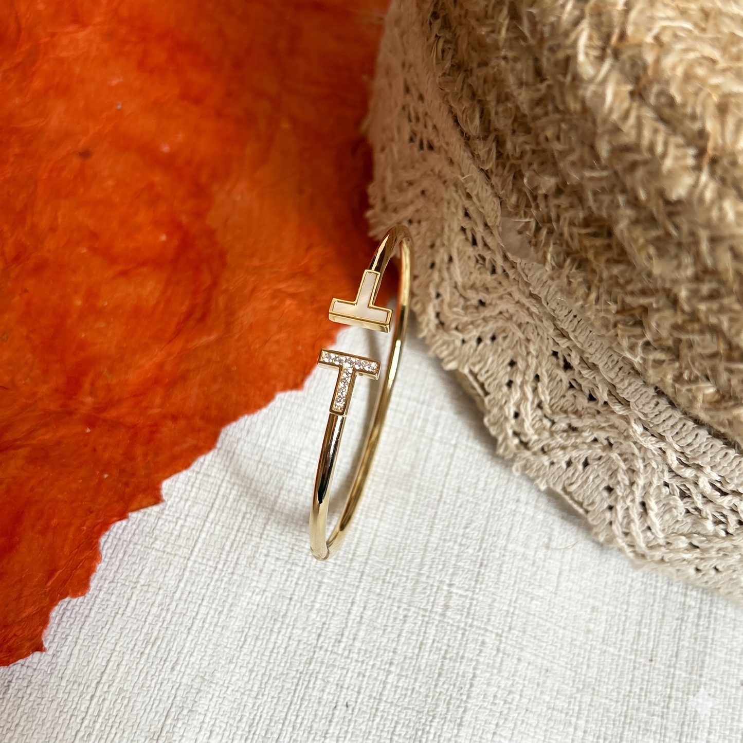 Asymmetric T-Motif Gold Plated Open Cuff Bangle