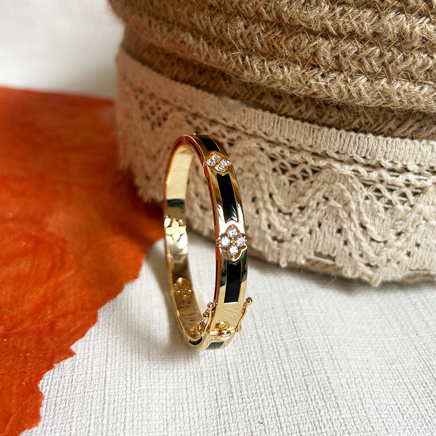 Clover Motif Cz Pave Gold Plated Black Enamel Bracelet