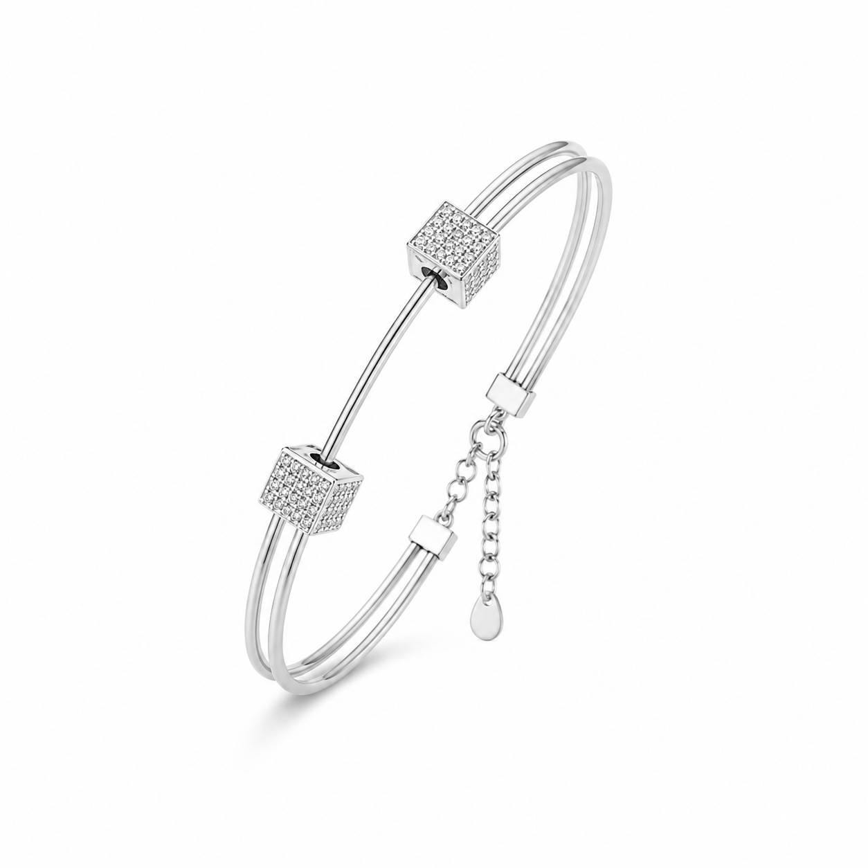 Geometric Cz Pave Cube Double Wire Bangle