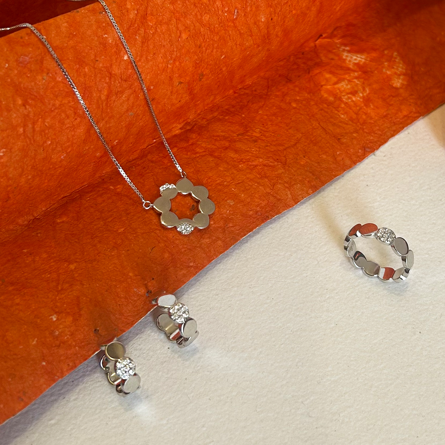 Geometric Disc Ring Necklace Earring and Band Set