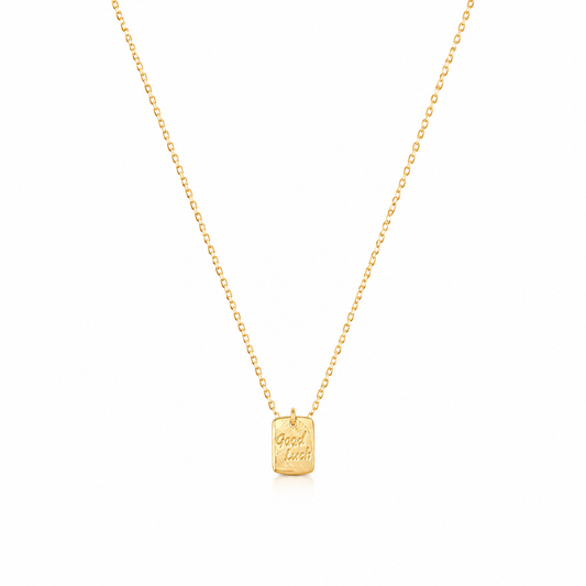 Gold Engraved Good Luck Rectangular Tag Necklace