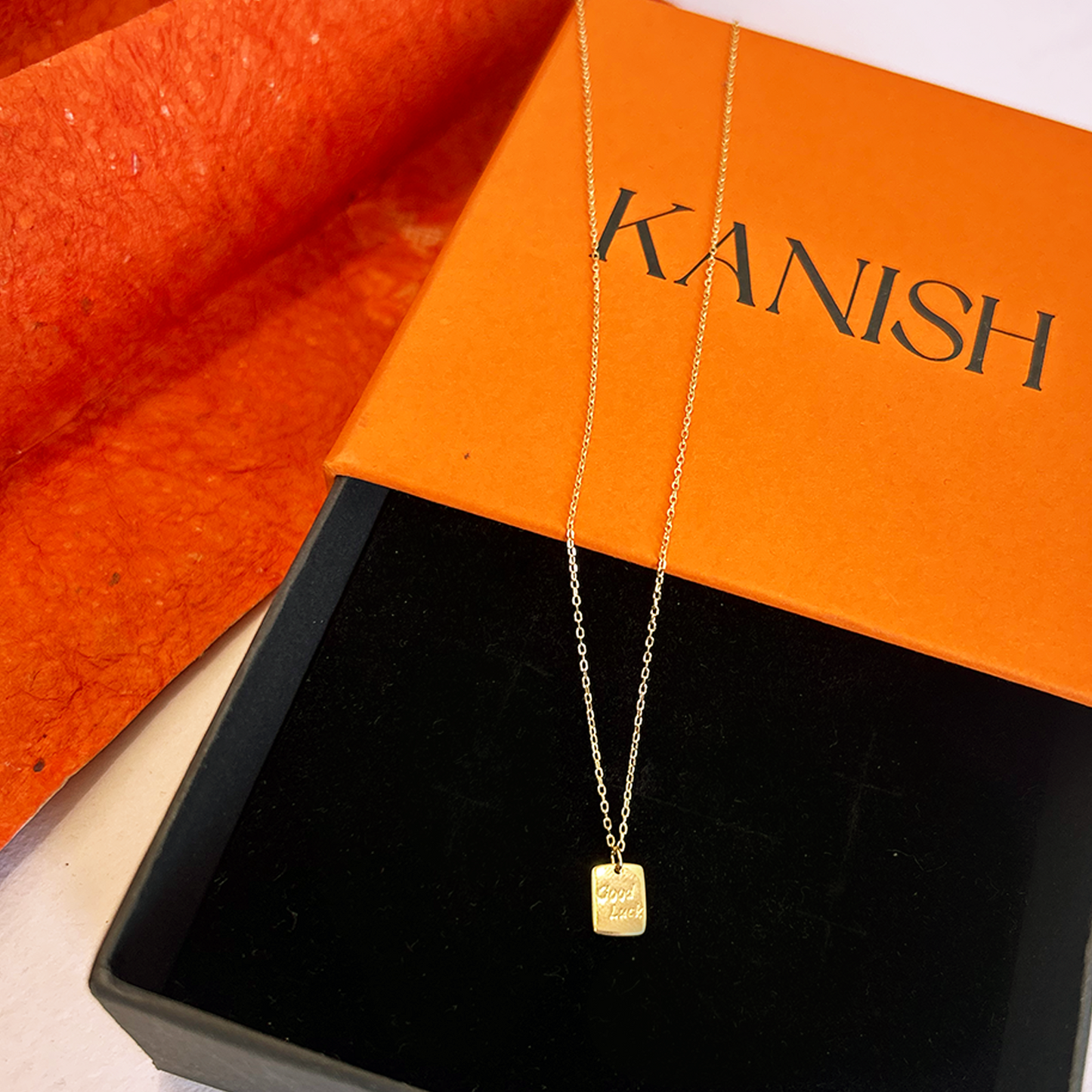 Gold Engraved Good Luck Rectangular Tag Necklace