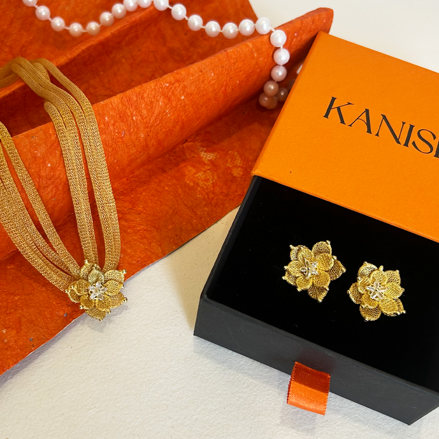 Gold Woven Mesh Ribbon Flower Necklace and Earring Set